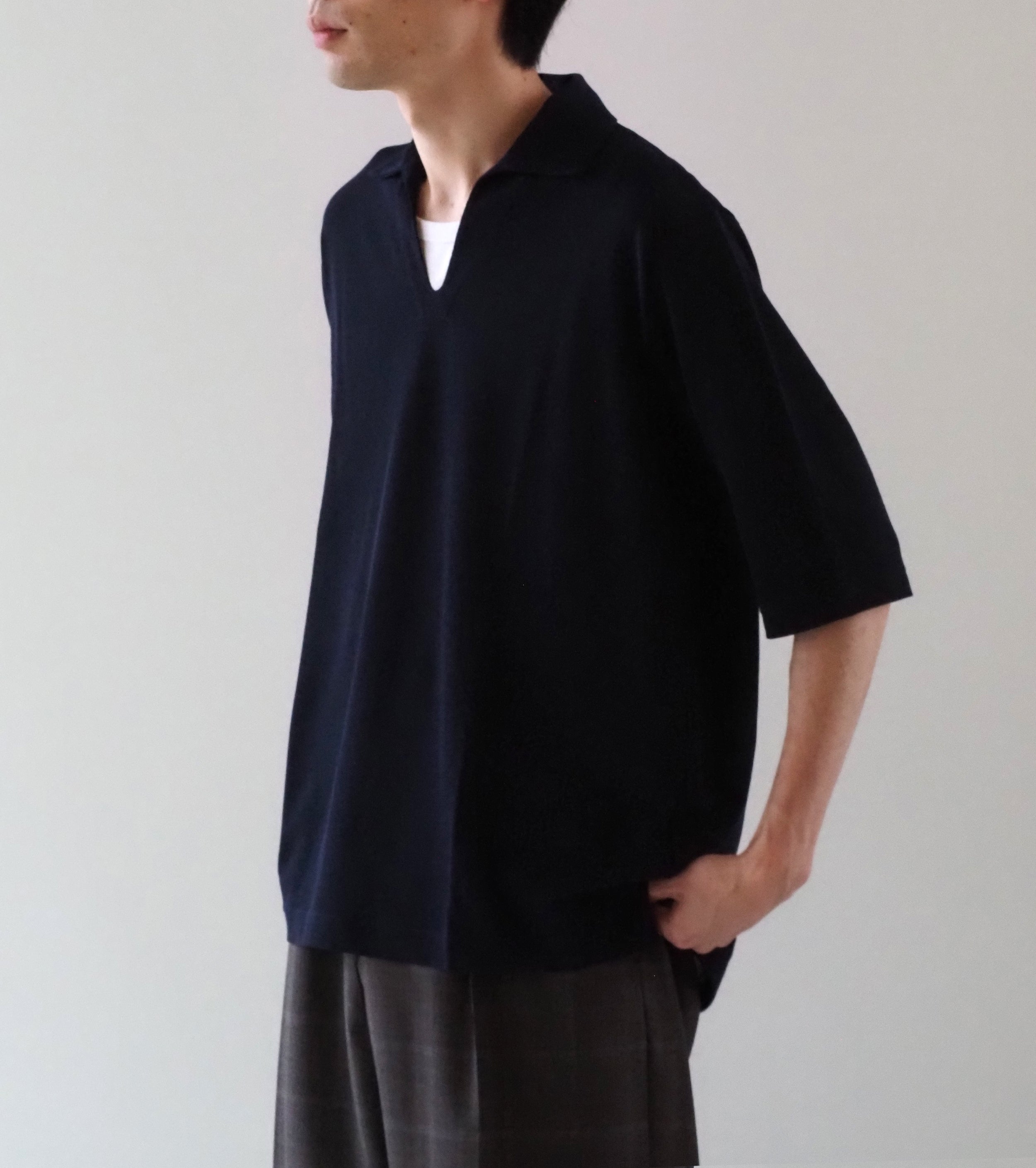 MAATEE＆SONS  ショートスリーブ スキッパー コットン クレープ , Navy