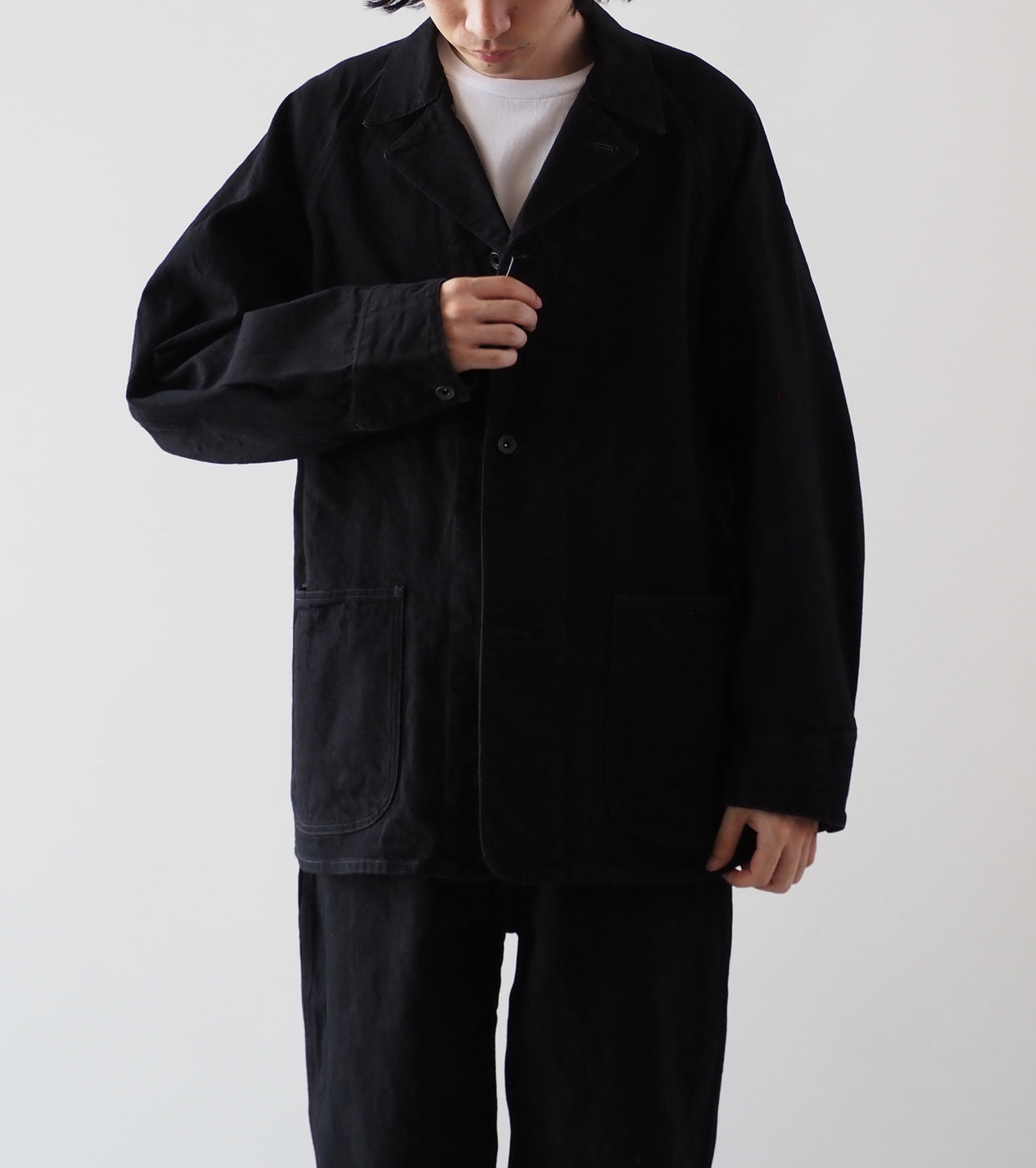 COMOLI ブラックデニム ワーク ジャケット, Black