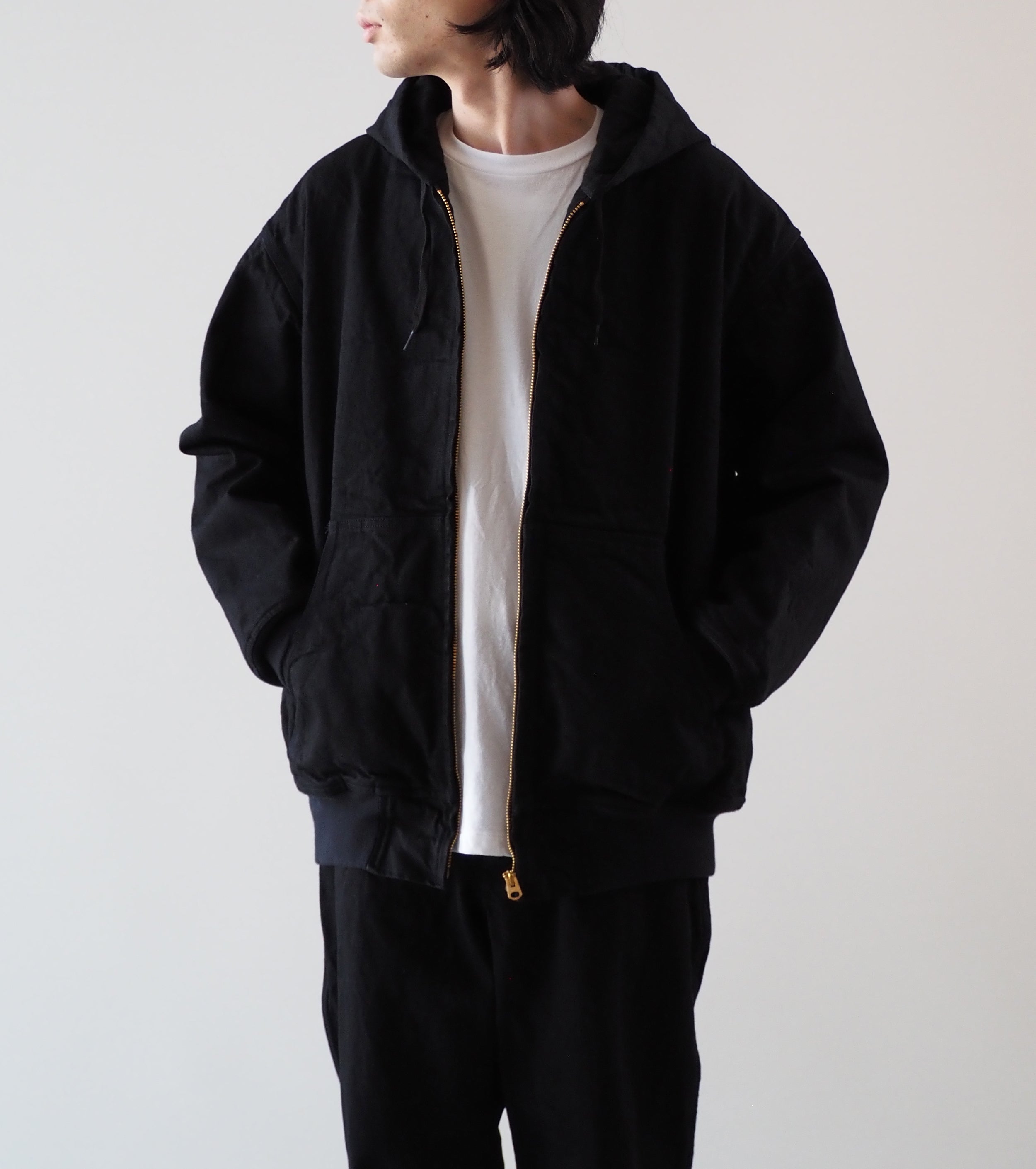 COMOLI ブラック デニム ジップ パーカ , Black
