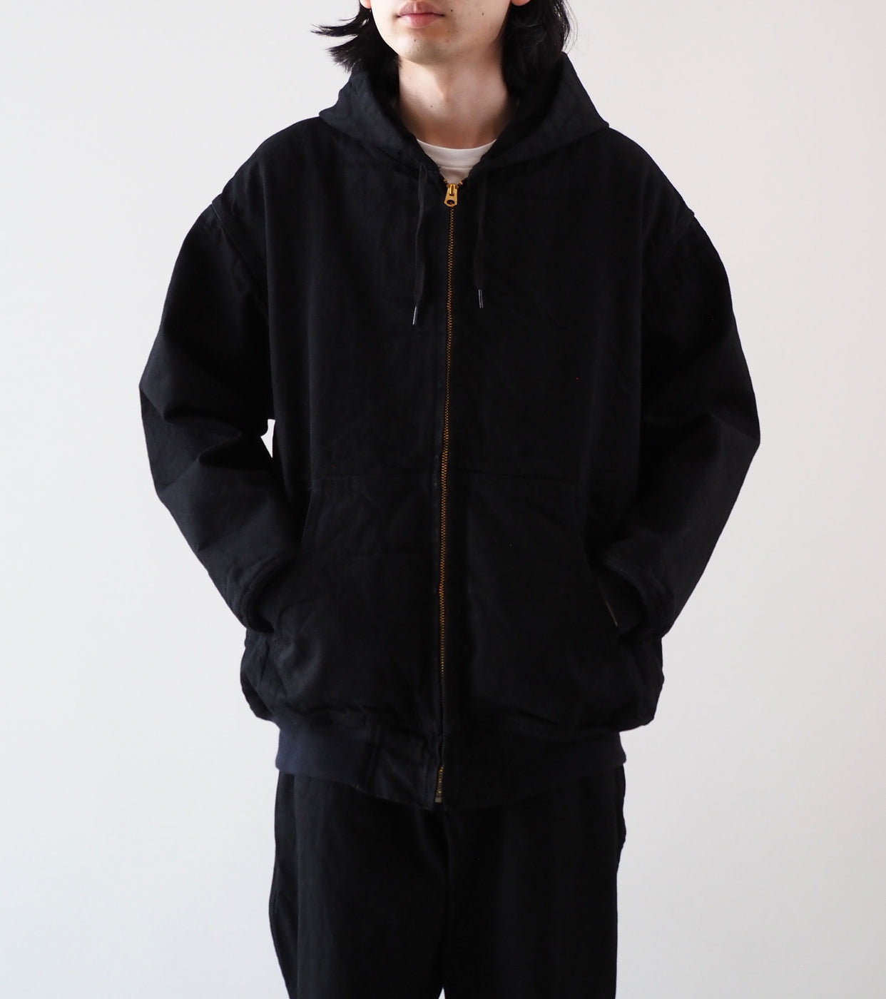 COMOLI ブラック デニム ジップ パーカ , Black