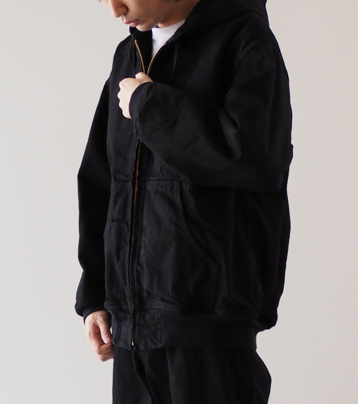 COMOLI ブラック デニム ジップ パーカ , Black