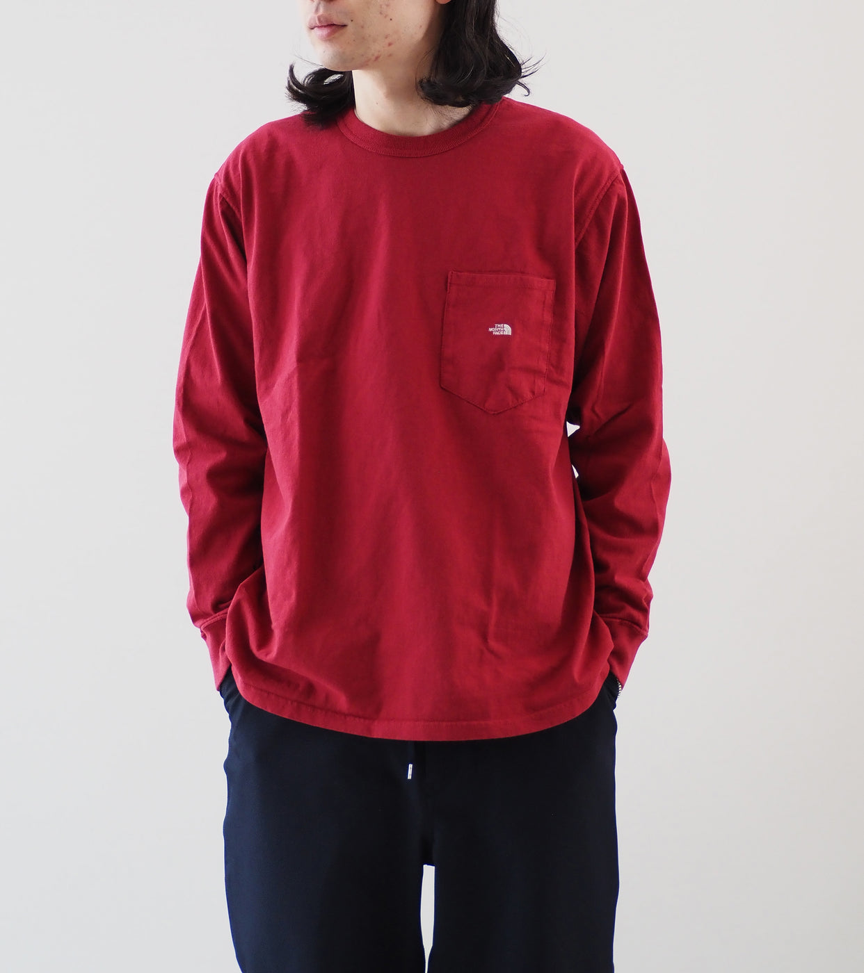 7oz Long Sleeve Pocket Tee, Crimson x Off White