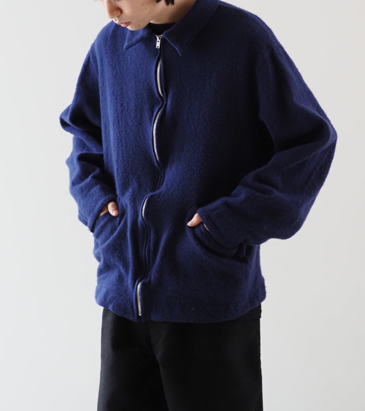 COMOLI 縮絨ウール ジップ ショート ジャケット , Purple Blue