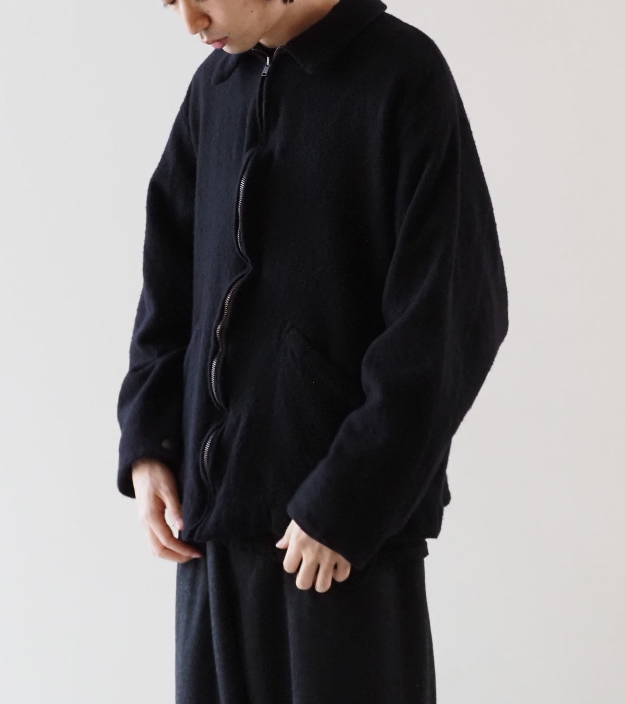 COMOLI 縮絨ウール ジップ ショート ジャケット , Black