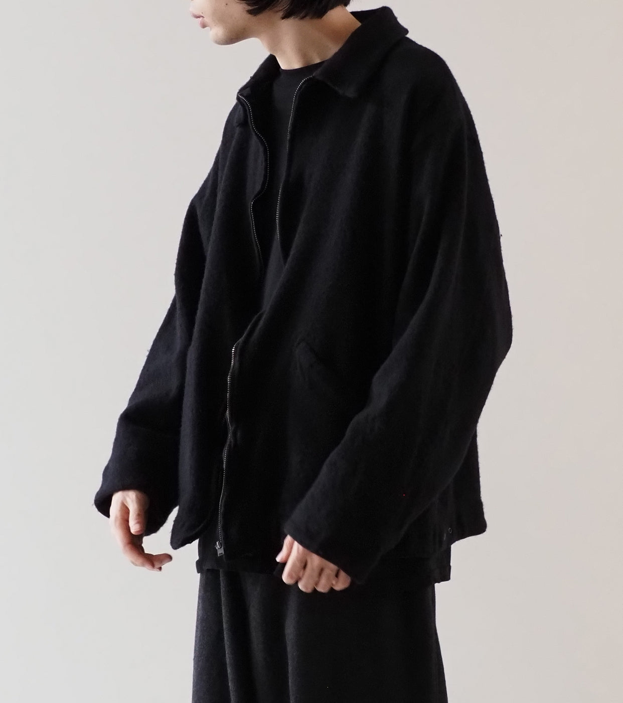 COMOLI 縮絨ウール ジップ ショート ジャケット , Black