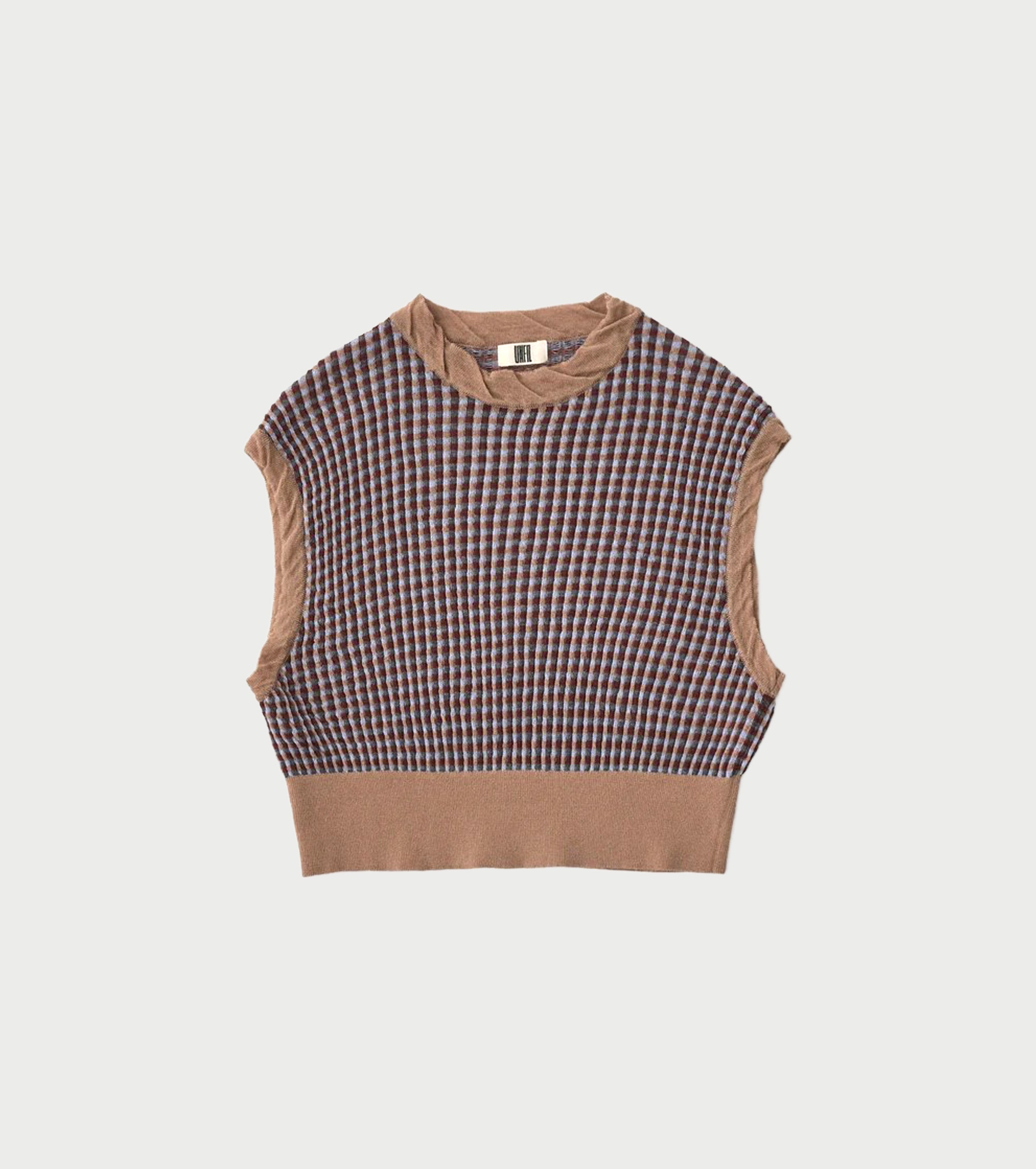 Unfil HIGH TWISTED WOOL JQ PATTERN KNIT VEST , Cocoa Brown × Light Blue