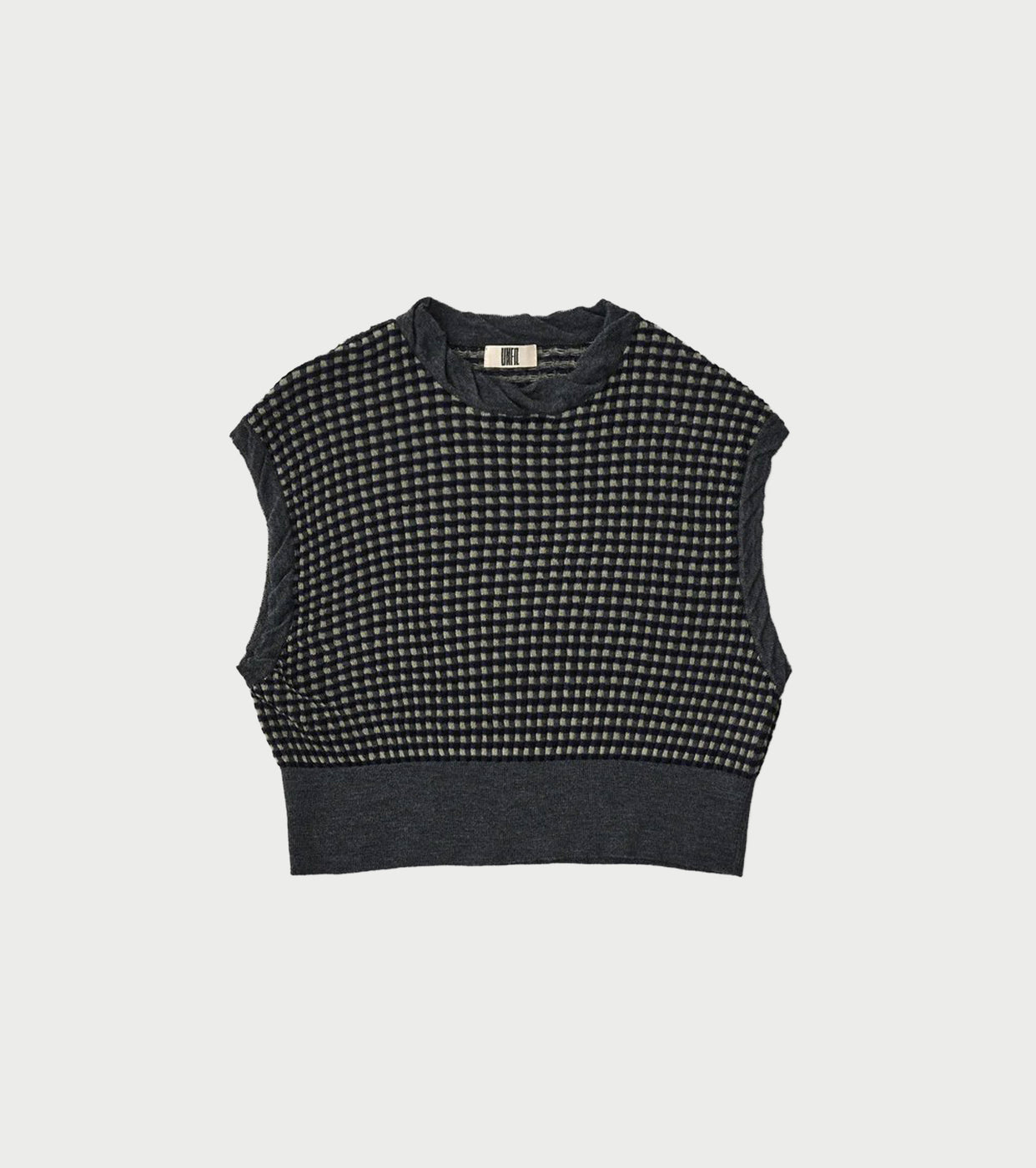 Unfil ハイツイスト ウール ジャカード パターン ニット ベスト , Charcoal Gray × Sage Green