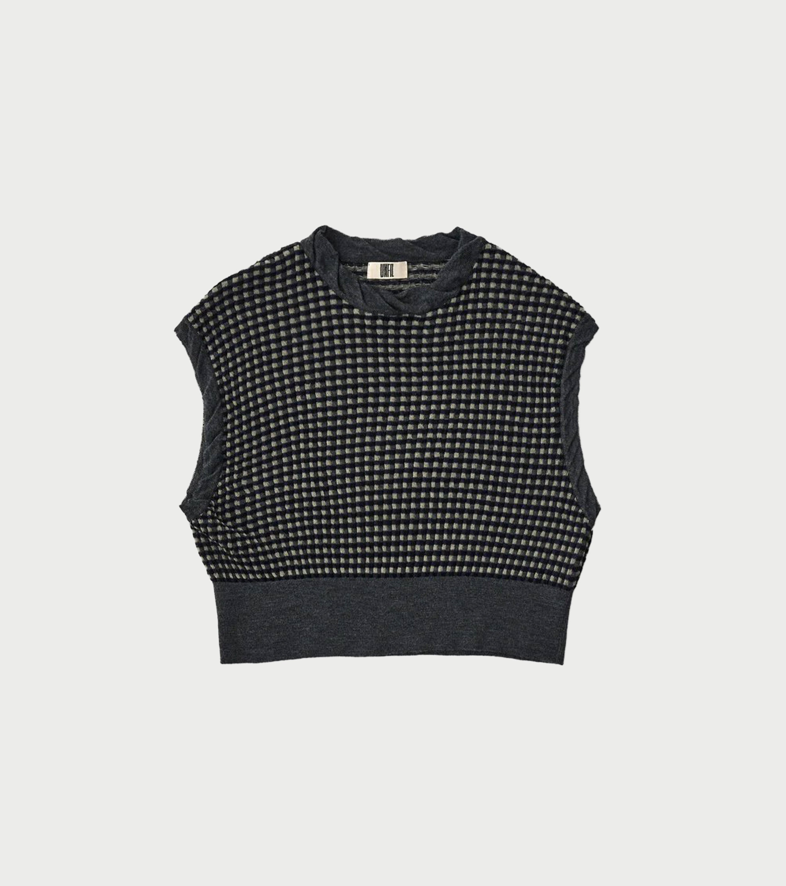 Unfil ハイツイスト ウール ジャカード パターン ニット ベスト , Charcoal Gray × Sage Green