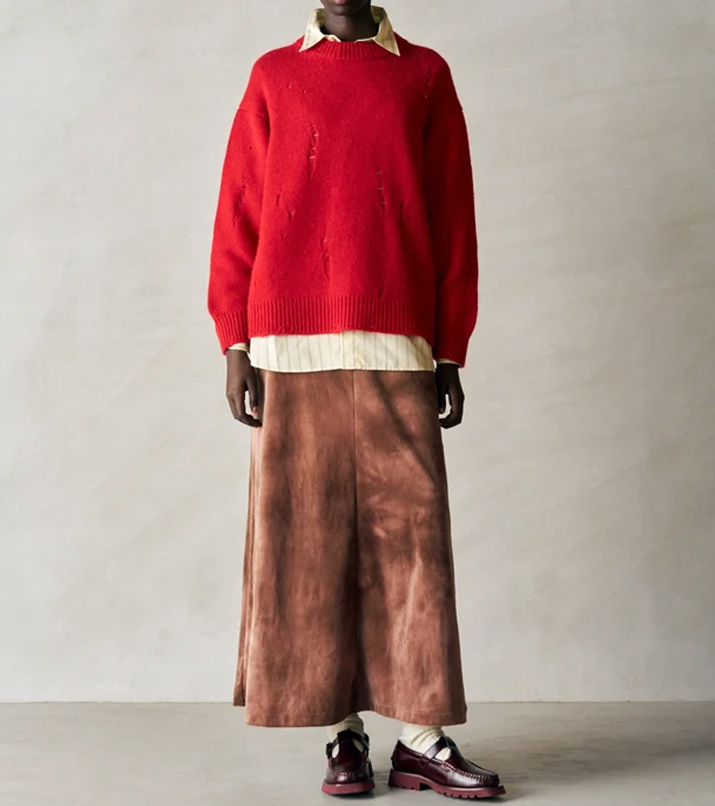 Unfil TIE-DYED COTTON VELOUR FLARED SKIRT,  Cocoa Brown × Gray