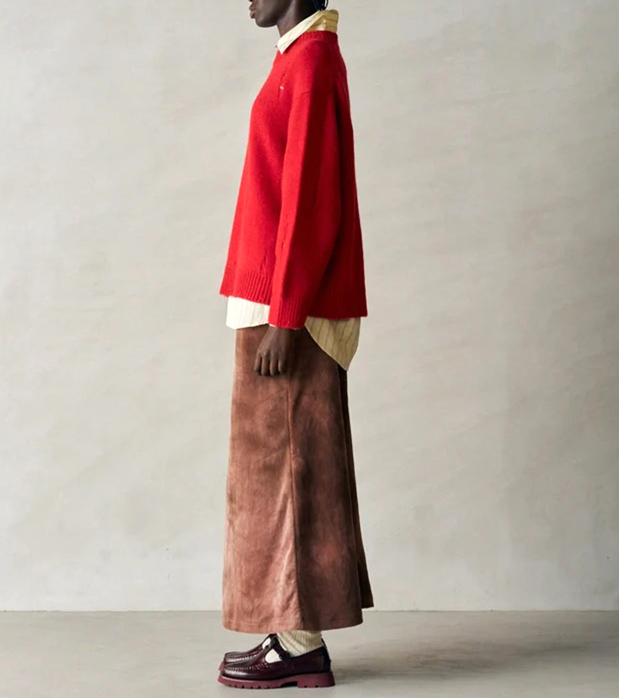 Unfil TIE-DYED COTTON VELOUR FLARED SKIRT,  Cocoa Brown × Gray