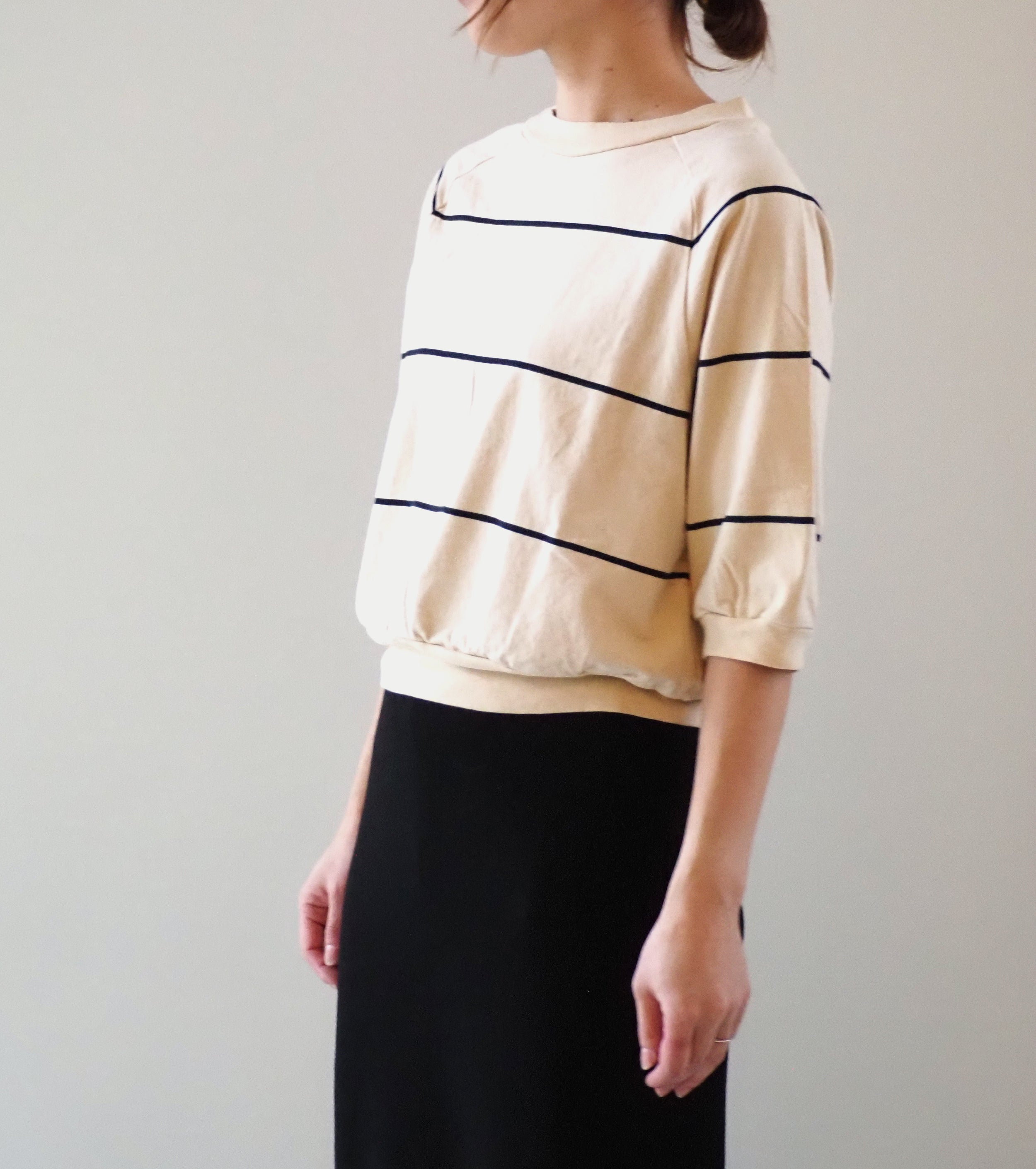 Blurhms Cotton  Nep Border Split Sleeve Pullover, Ivory BODY × Black Line