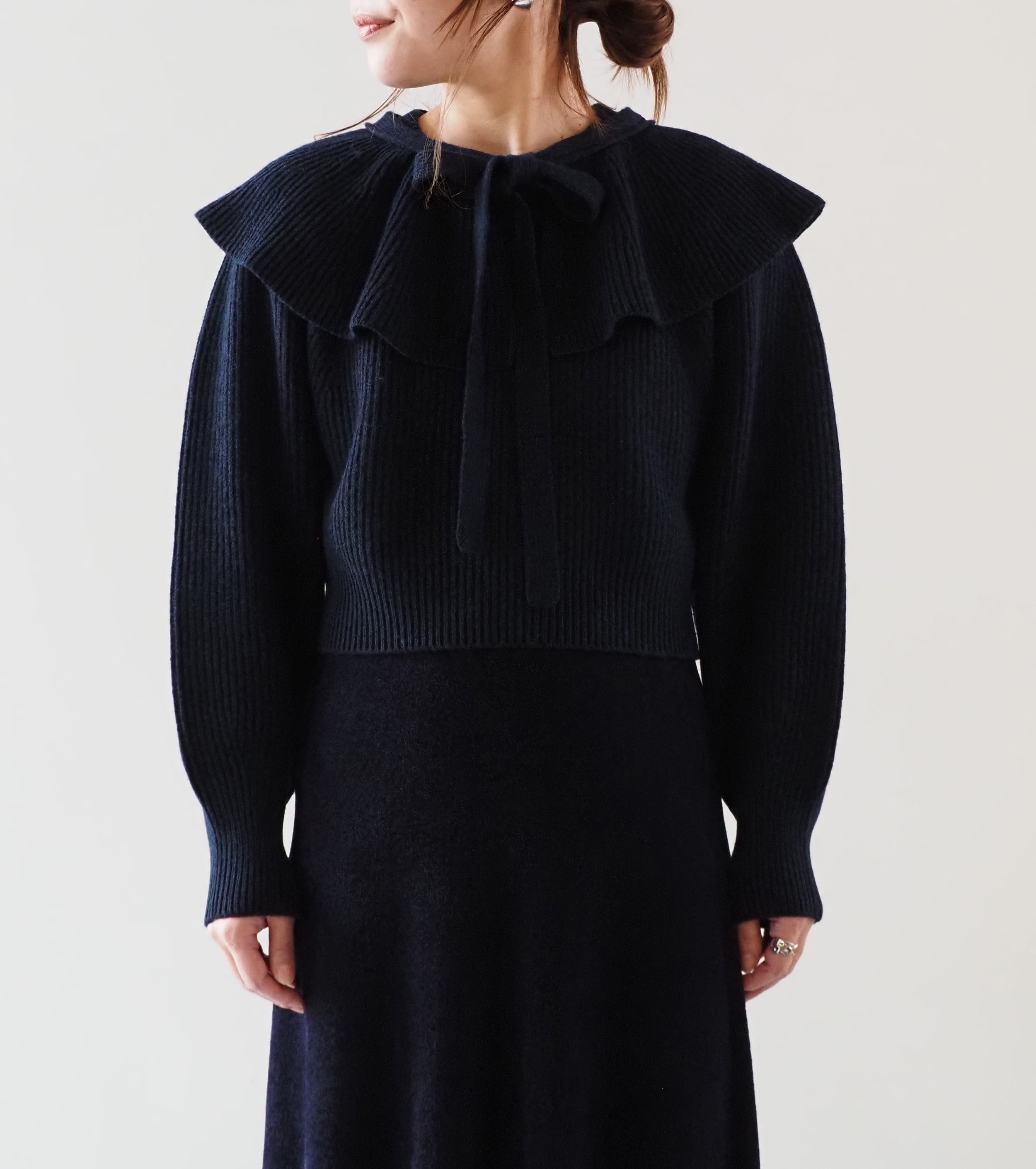 Unfil WOOLEN COTTON & EX.FINE LAMBS WOOL RIBBED-KNIT P/O, Black Navy