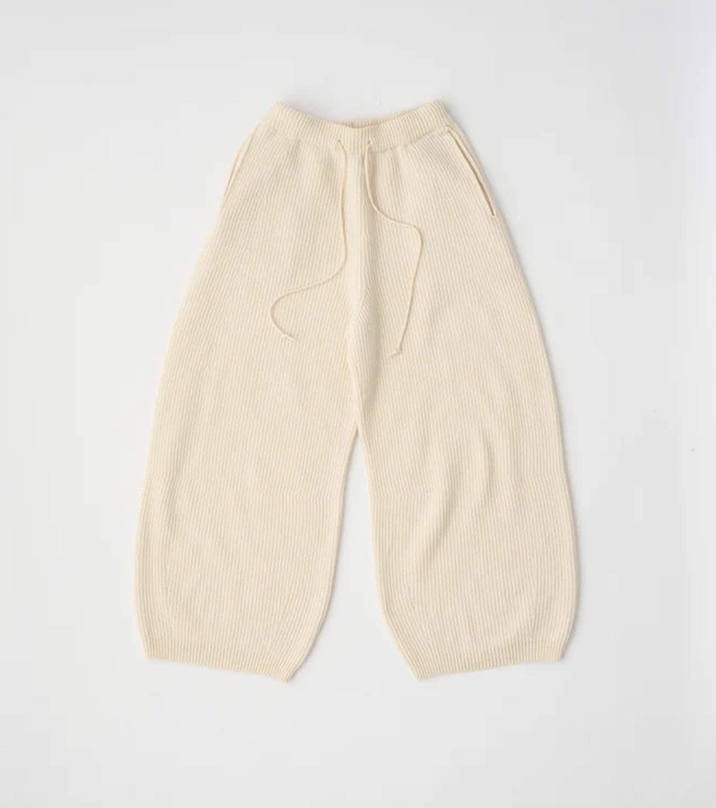 Unfil WOOLEN COTTON & EX.FINE LAMBS WOOL RIBBED-KNIT WIDE PANTS, Off White