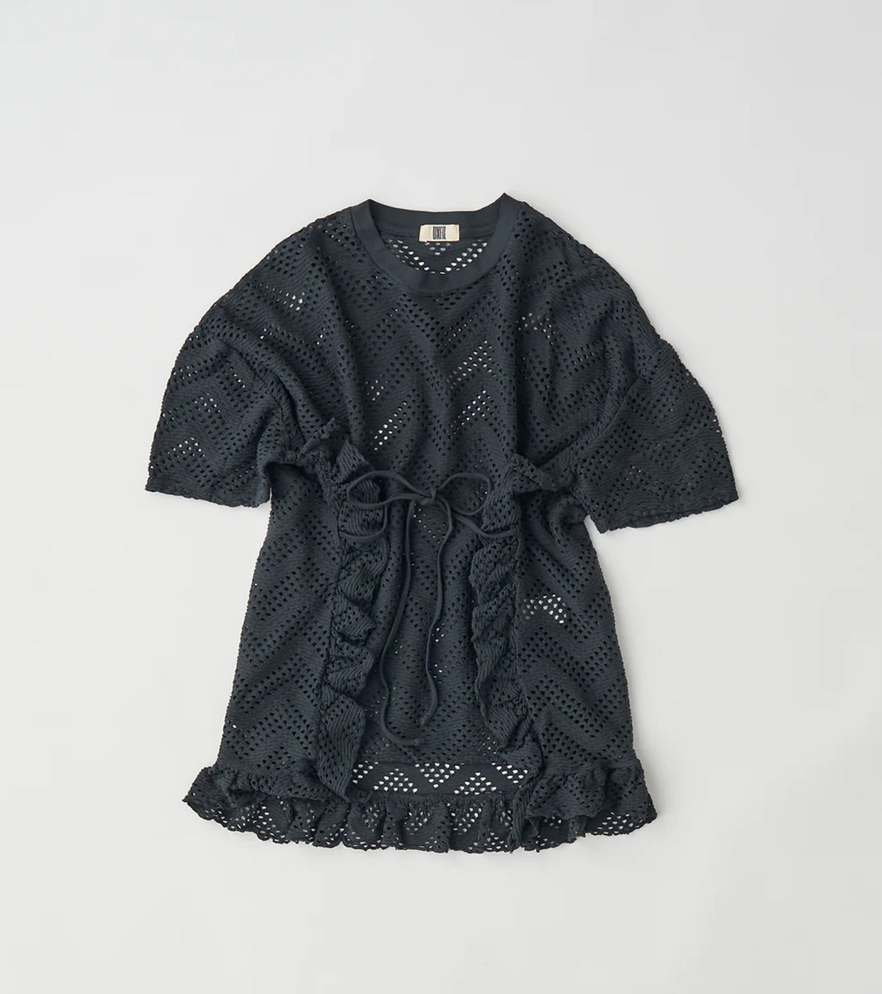Unfil パターン メッシュ コットン ジャージー ラッフルド ティー, Washed Black