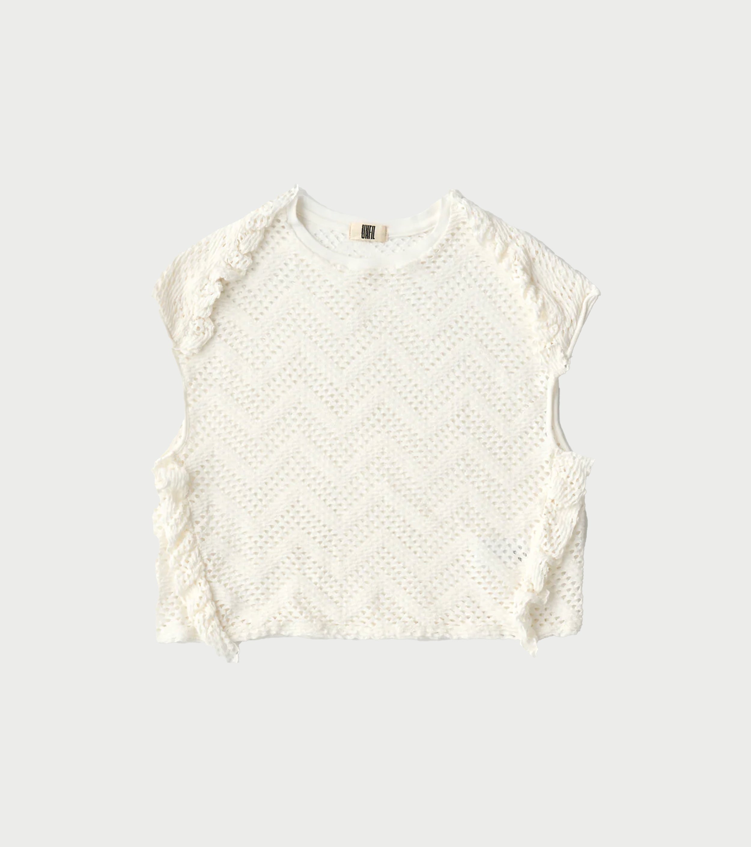Unfil パターン メッシュ コットン ジャージー ラッフルド スリーブレス トップ, Off White