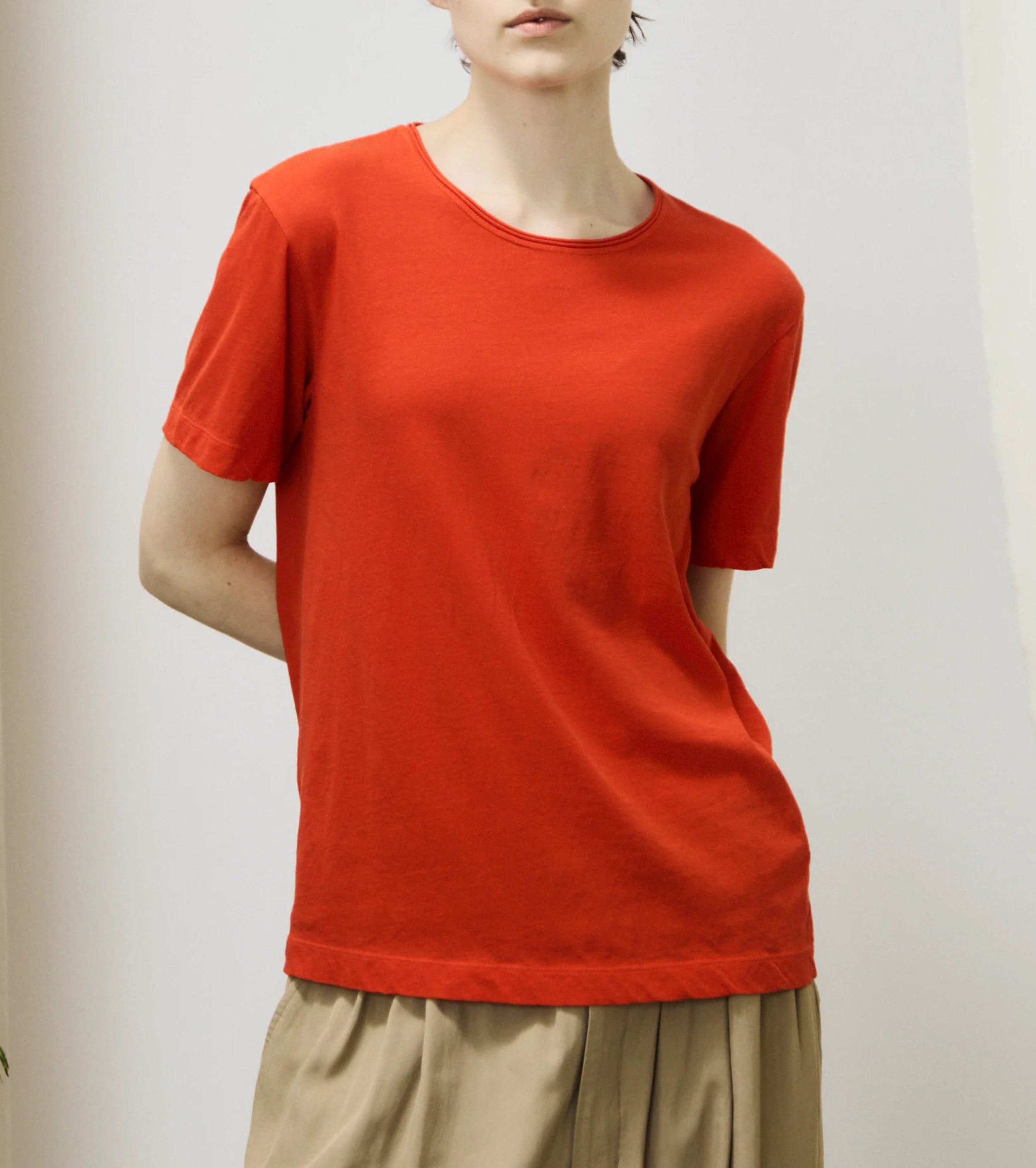 Unfil ツイスト コットン ジャージ ベーシック フィット Tシャツ, Tomato