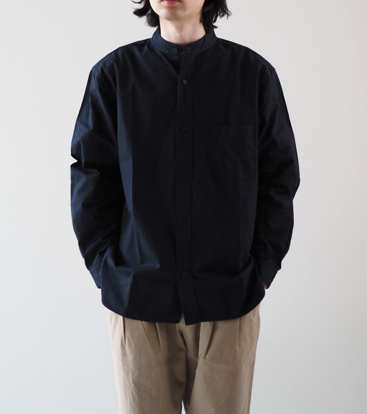 YAECA  CANVAS DESIGN Stand Collar Shirt , Dark Navy