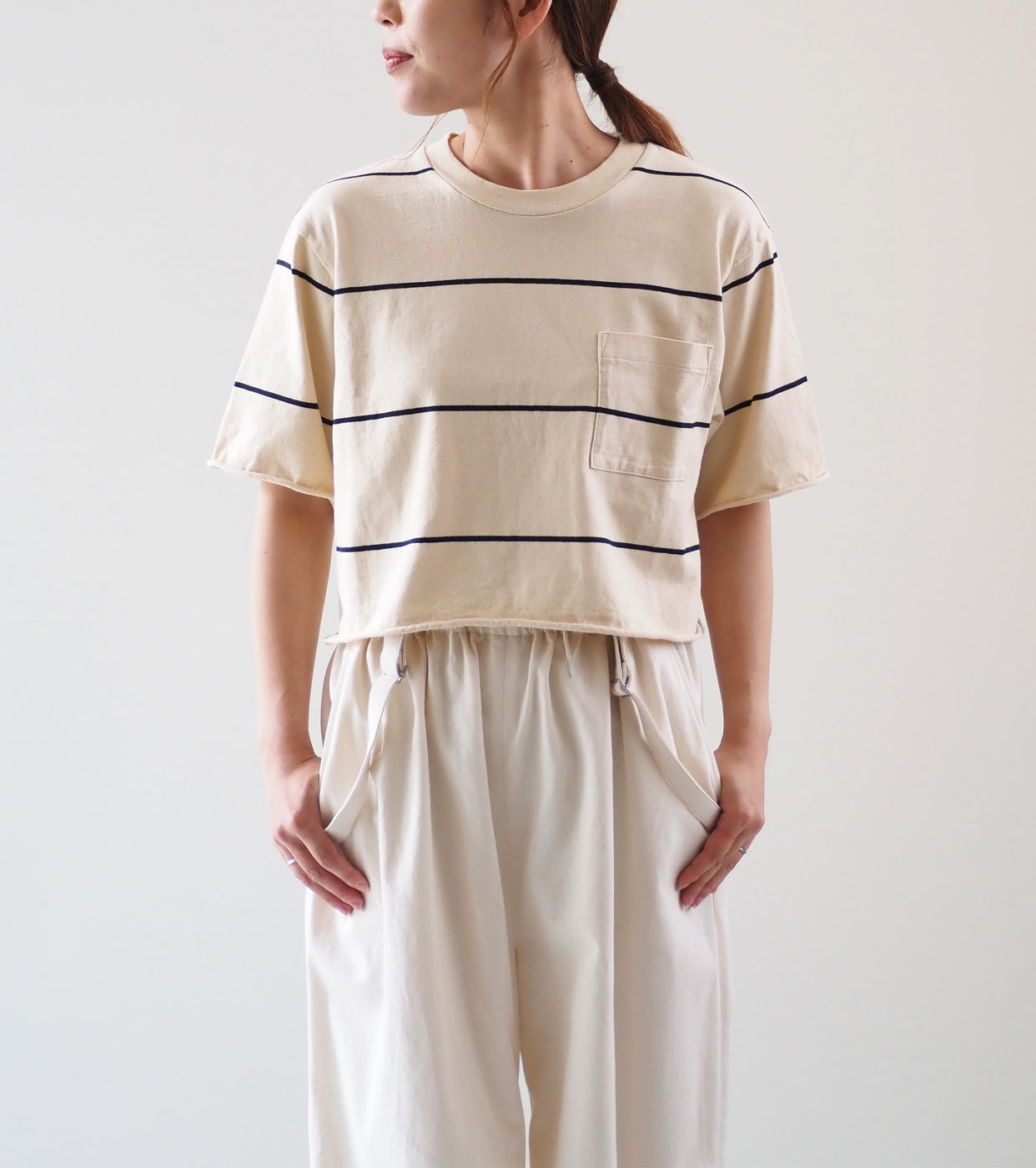 Blurhms C/NAPP Border Cut off Short Pocket Tee , Ivory BODY × Black Line