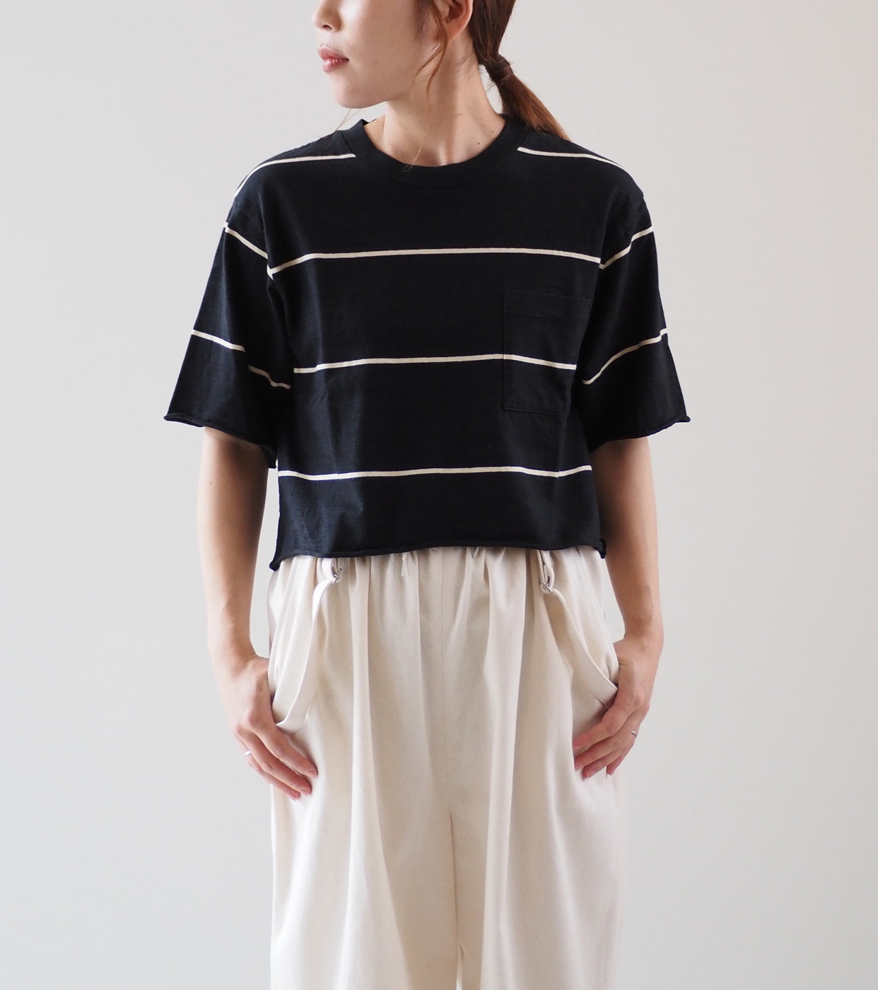 Blurhms C/NAPP Border Cut off Short Pocket Tee , Black Body × Ivory Line