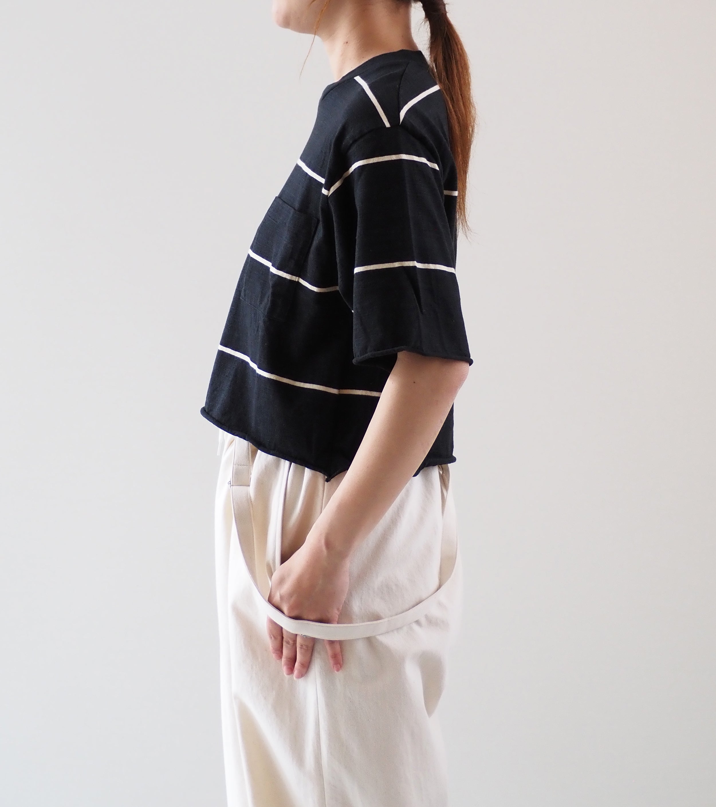 Blurhms C/NAPP Border Cut off Short Pocket Tee , Black Body × Ivory Line