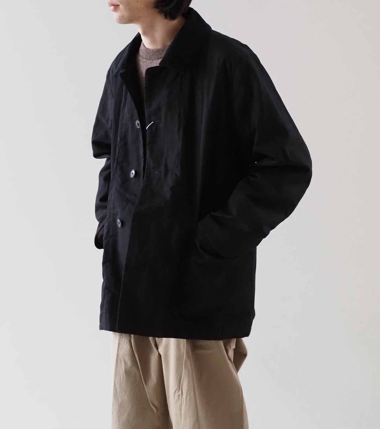 YAECA CANVAS DESIGN ショート オーバー コート オイルド , Black