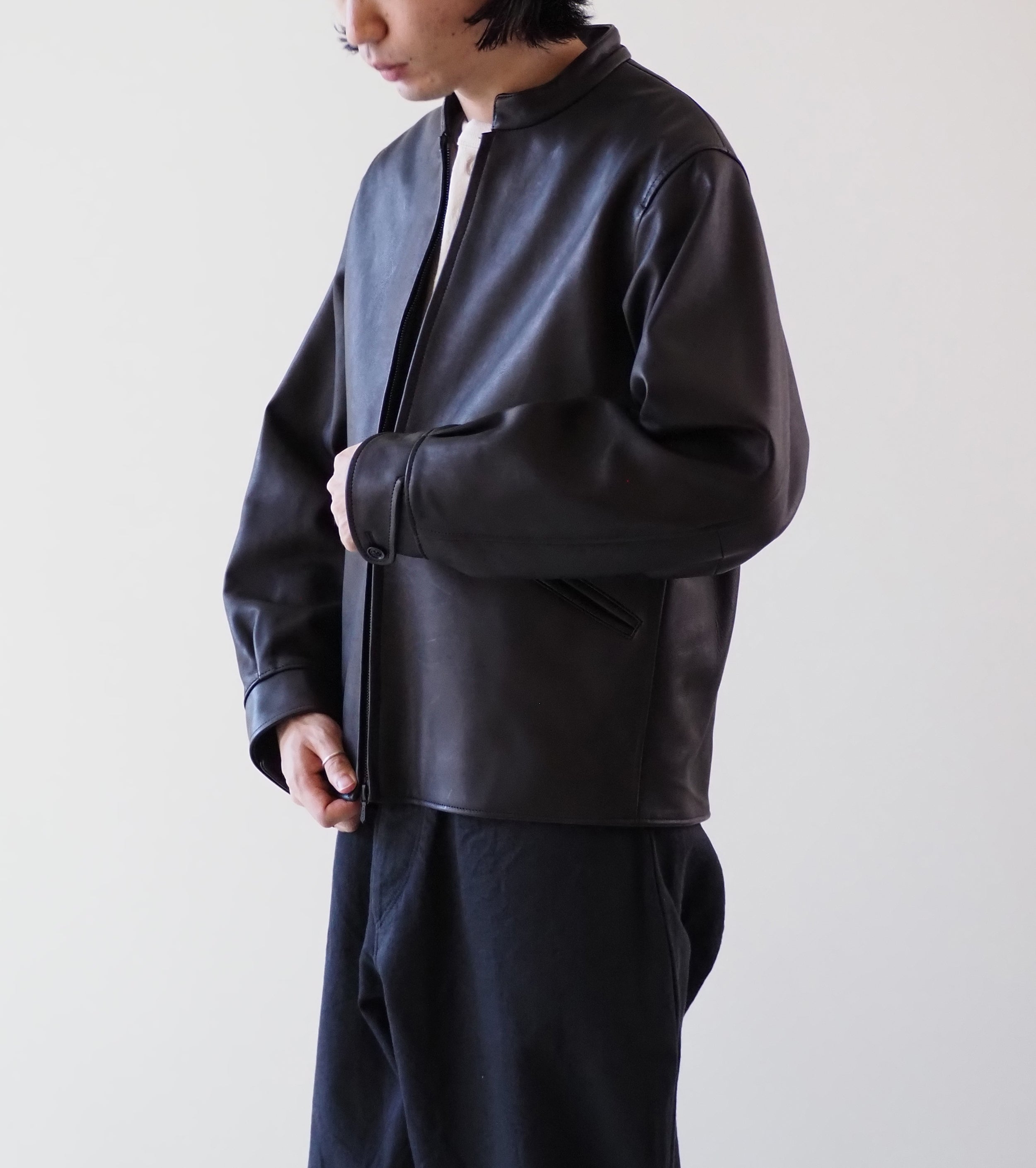 blurhms ラムレザー ジップ ショート ジャケット, Black