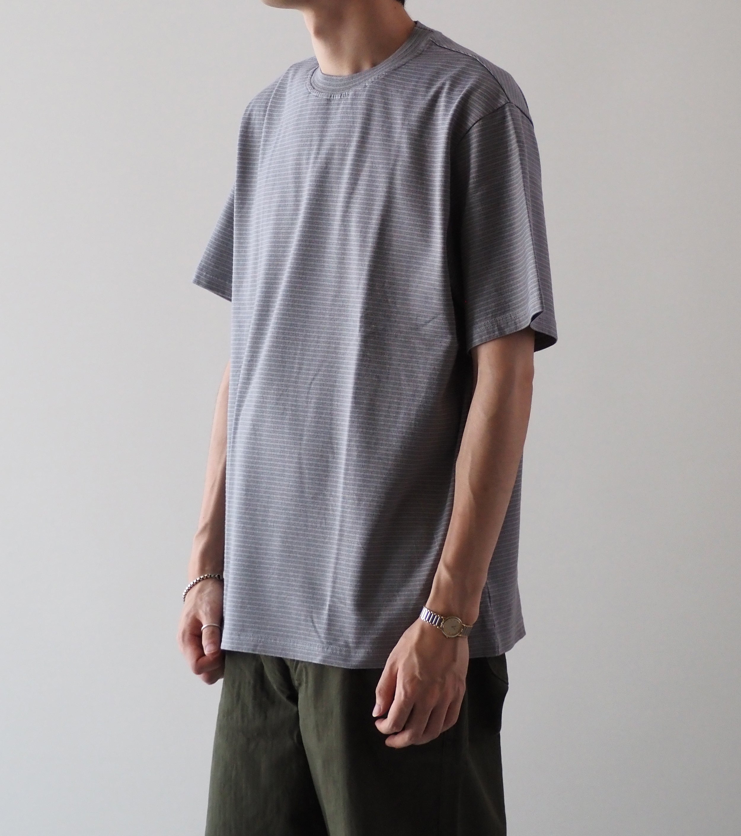 Yonetomi GARMENT DYED  BORDER T-SHIRT ,  L.GRAY × L.GRAY