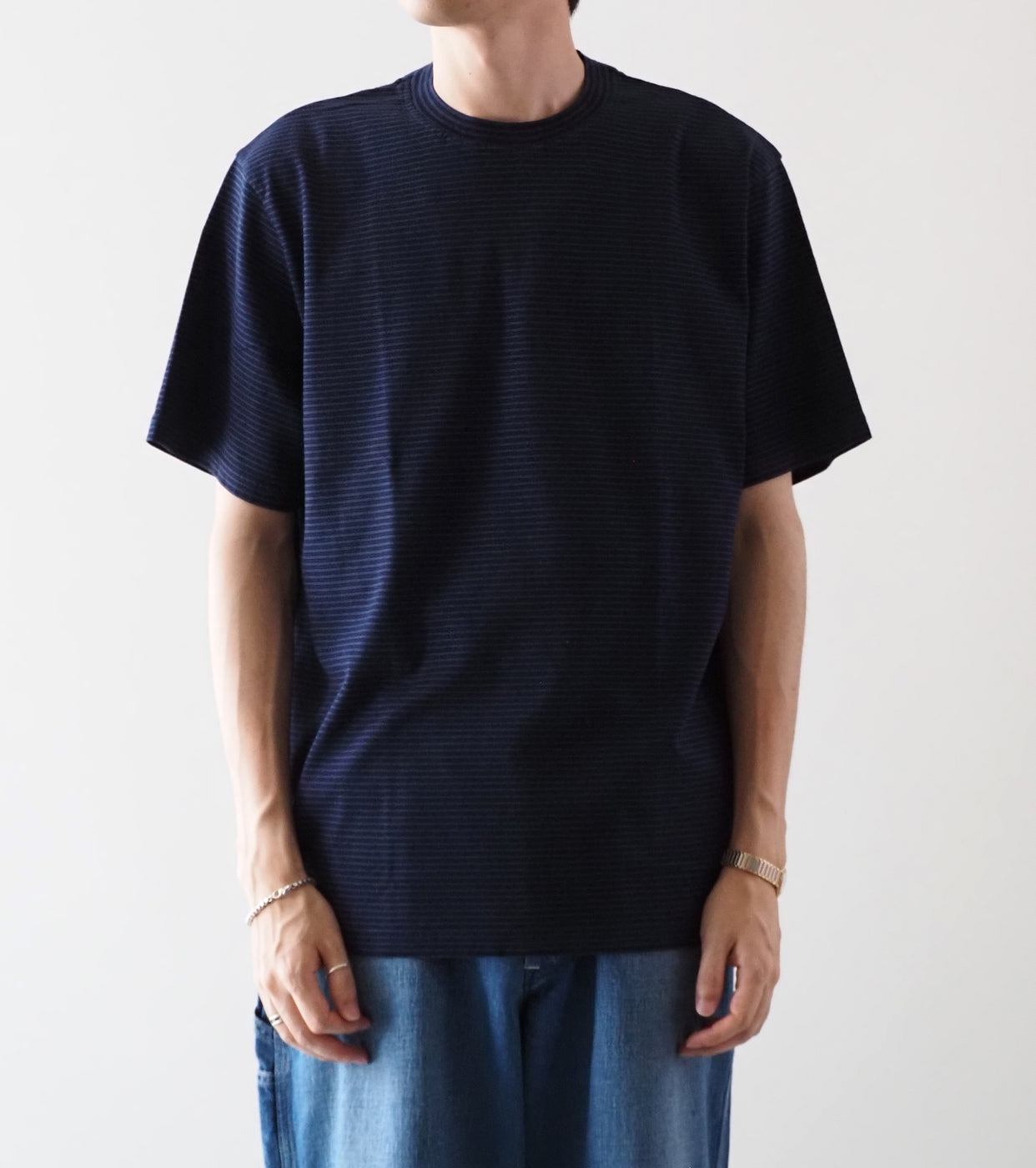 Yonetomi GARMENT DYED  BORDER T-SHIRT , Navy × Navy 