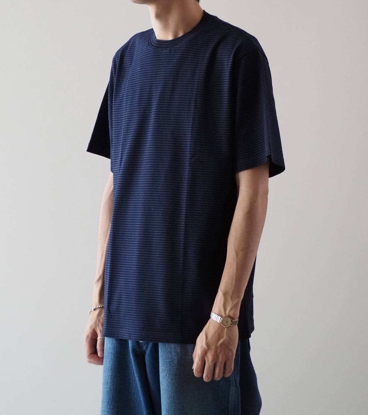 Yonetomi GARMENT DYED  BORDER T-SHIRT , Navy × Navy 