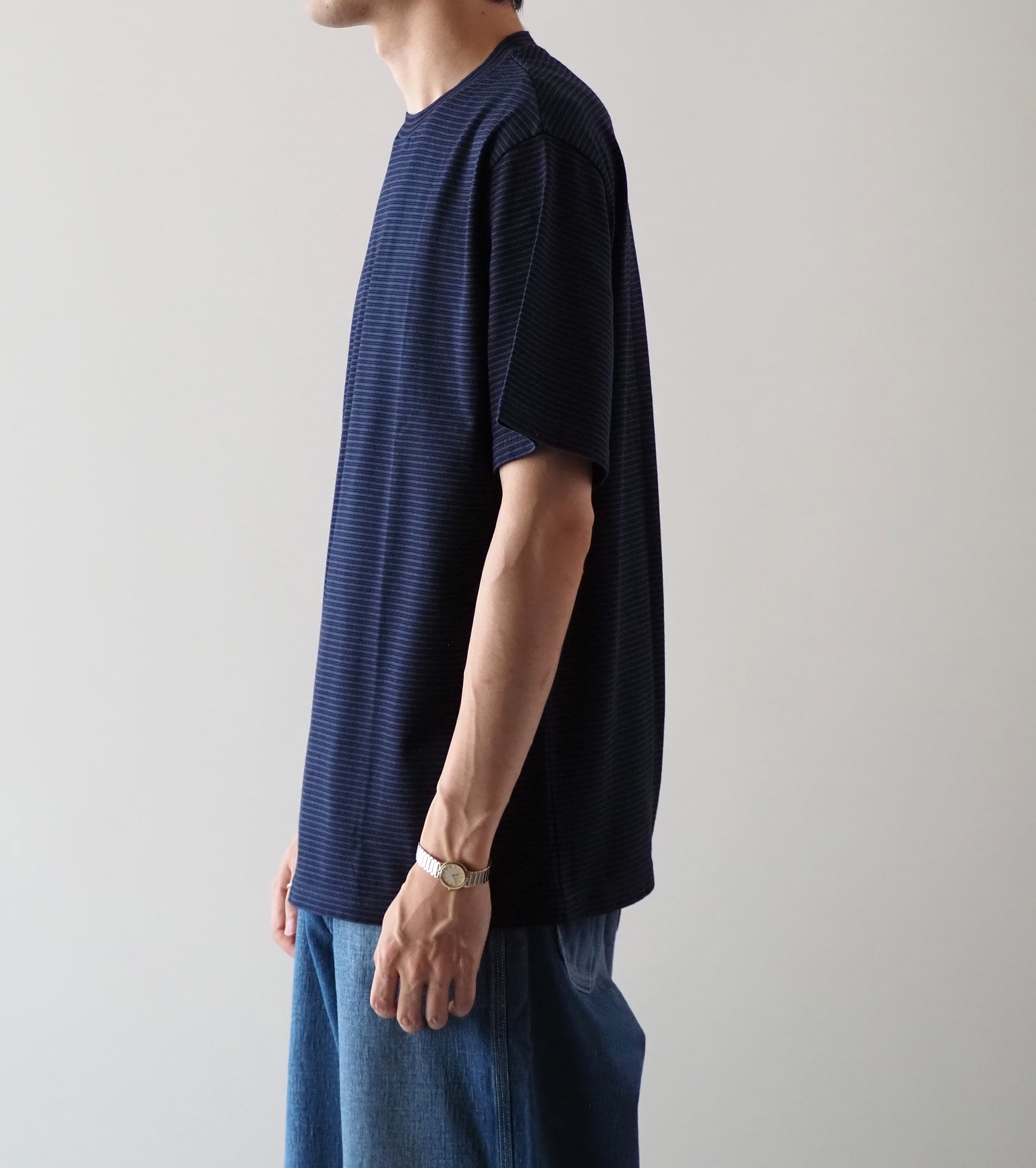 Yonetomi GARMENT DYED  BORDER T-SHIRT , Navy × Navy 