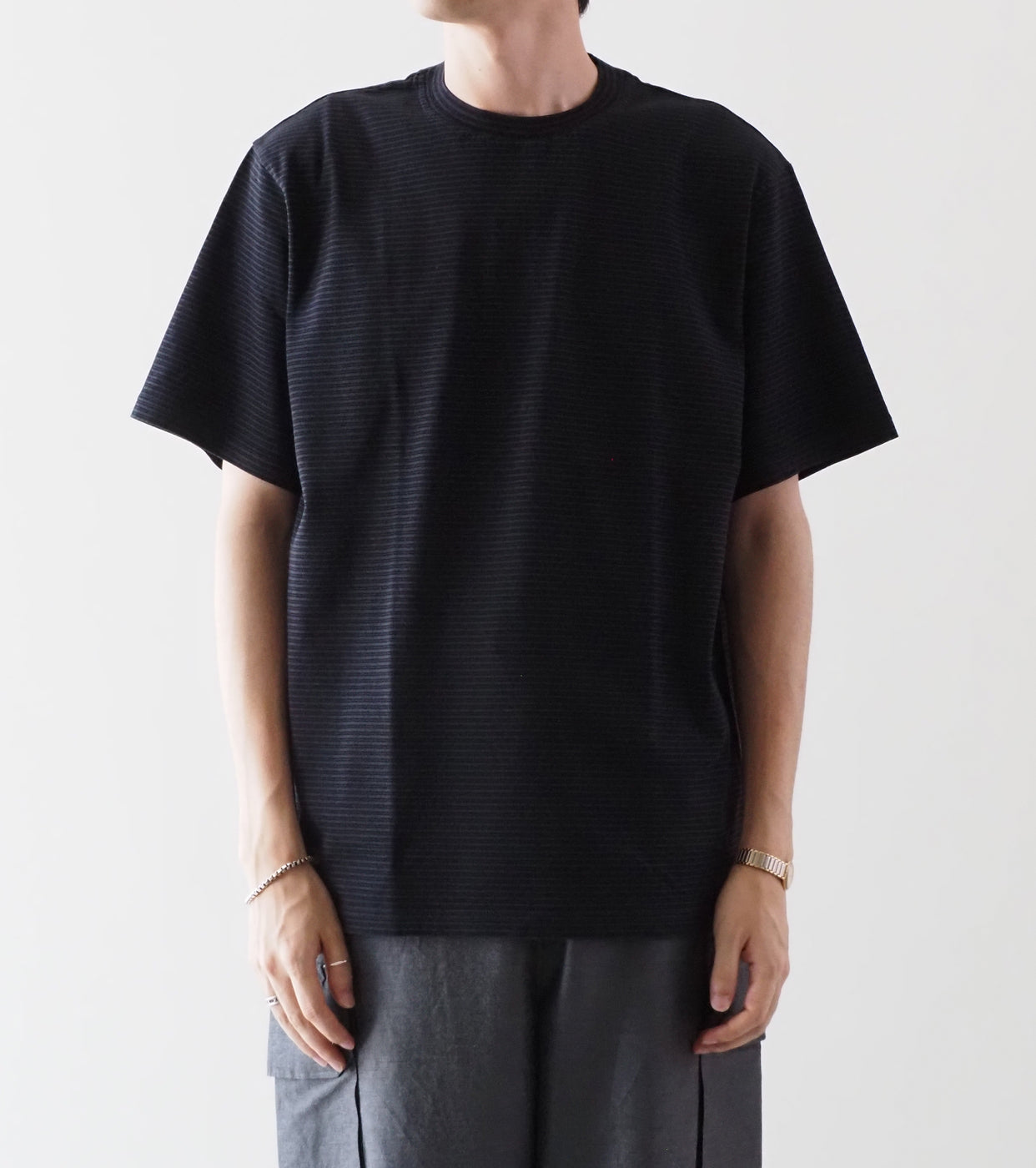 Yonetomi GARMENT DYED  BORDER T-SHIRT , Off Black × Off Black