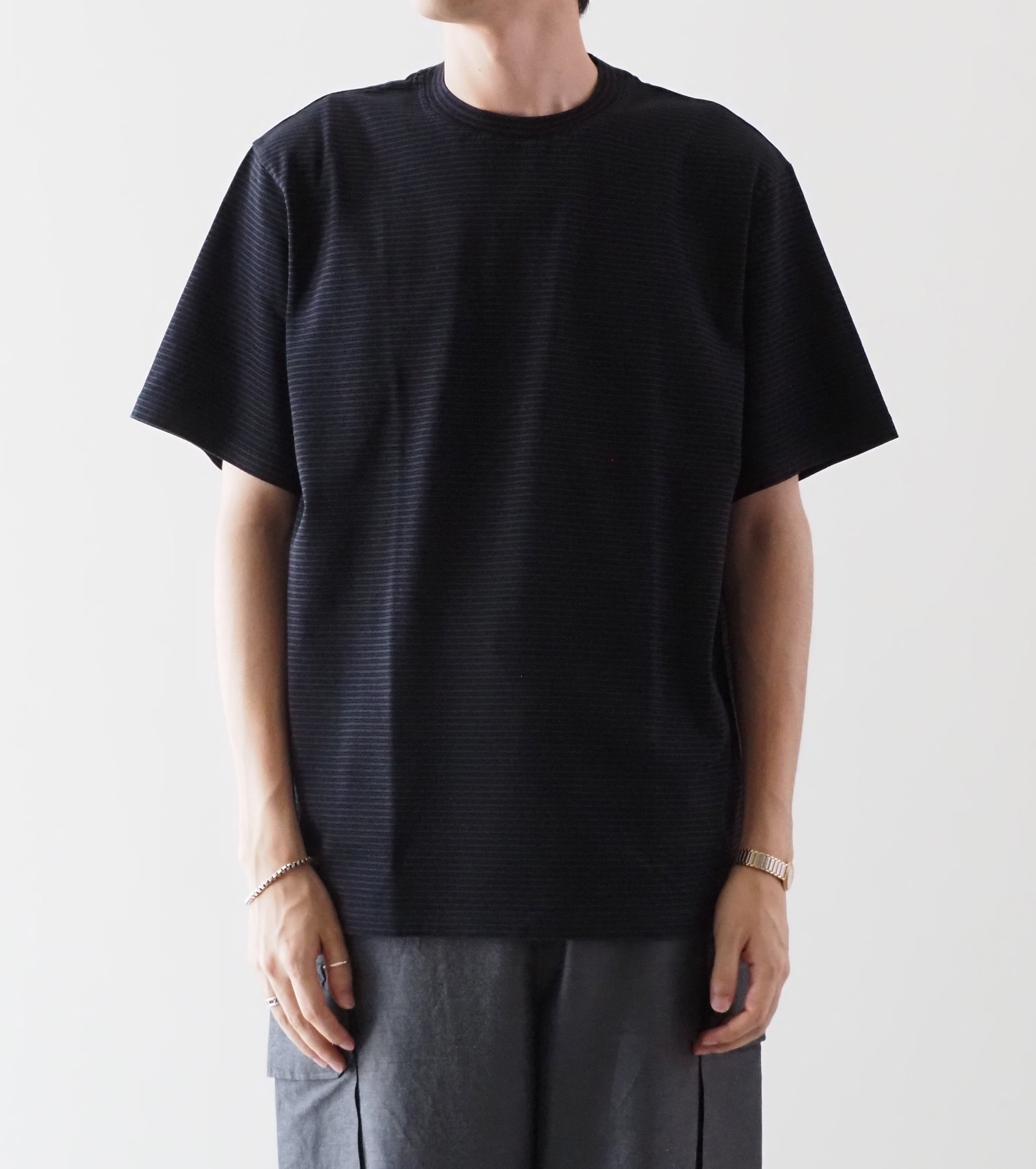 Yonetomi GARMENT DYED  BORDER T-SHIRT , Off Black × Off Black