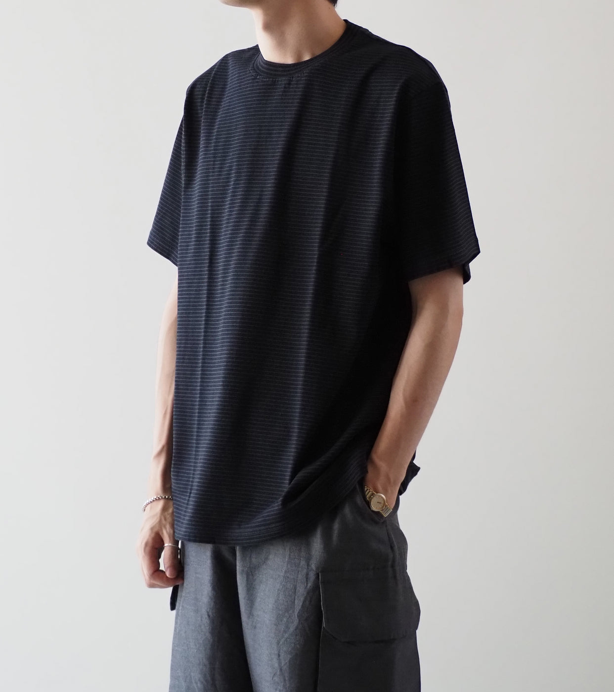 Yonetomi GARMENT DYED  BORDER T-SHIRT , Off Black × Off Black