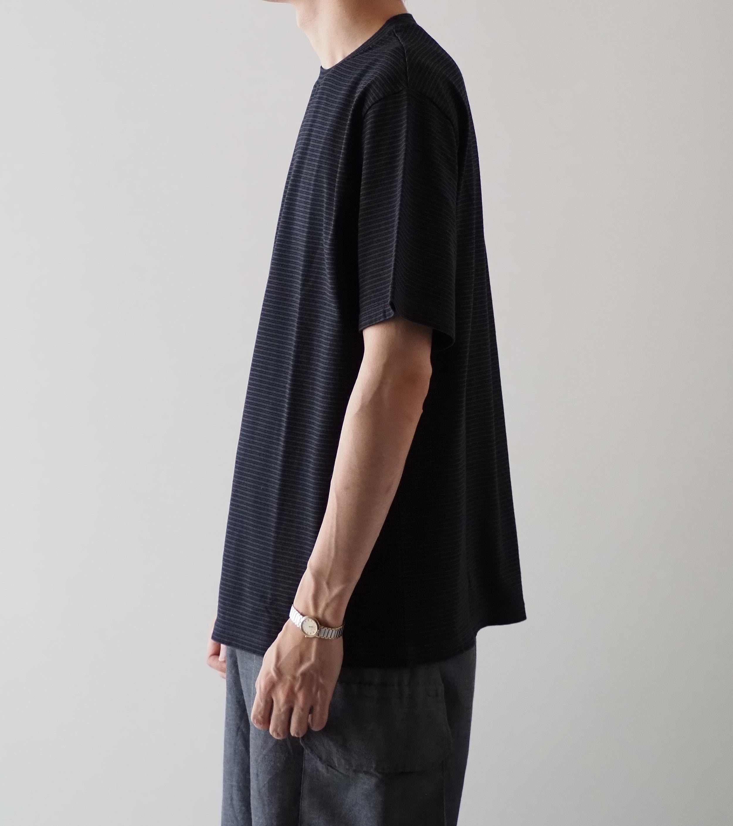 Yonetomi GARMENT DYED  BORDER T-SHIRT , Off Black × Off Black