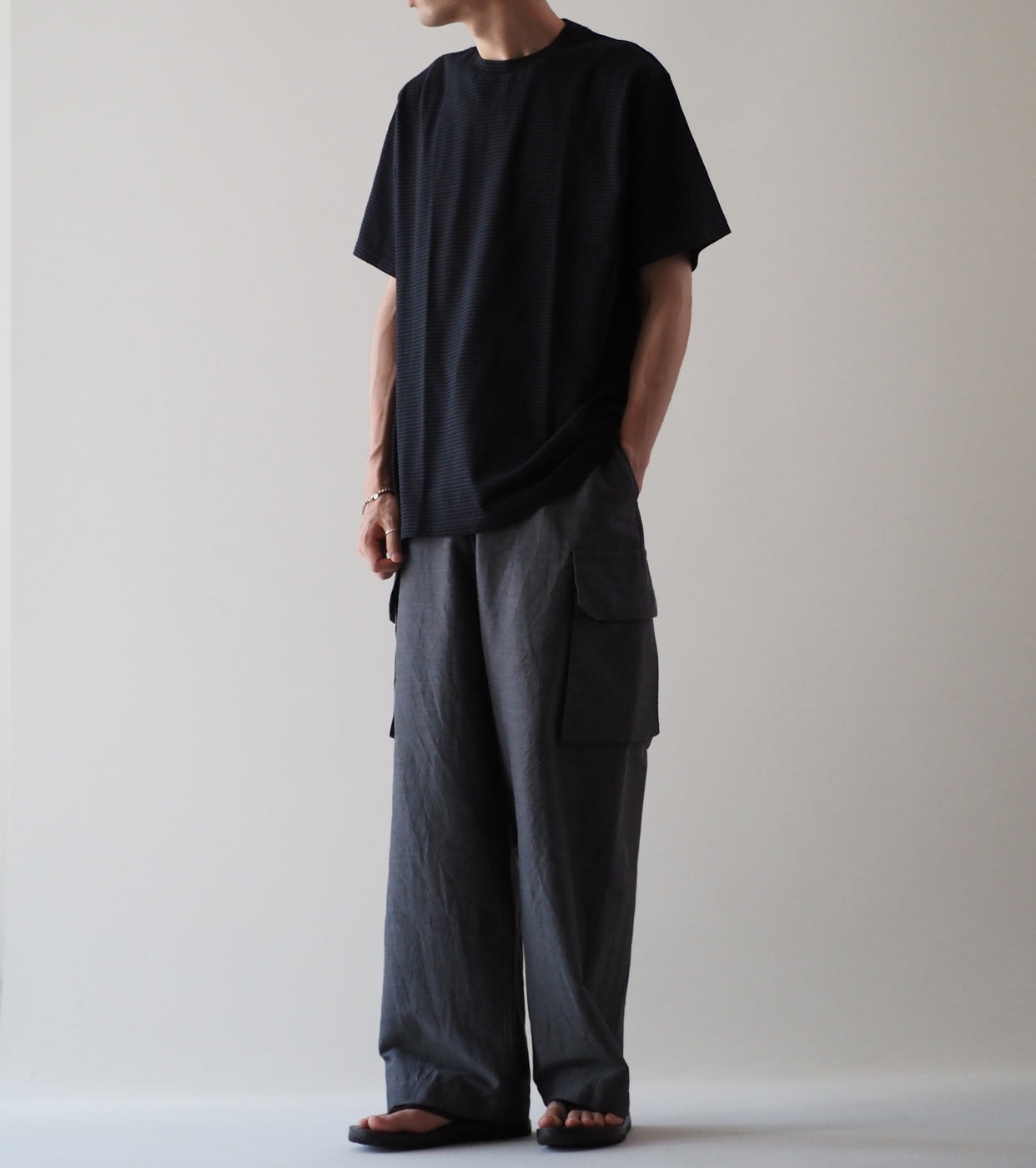 Yonetomi GARMENT DYED  BORDER T-SHIRT , Off Black × Off Black