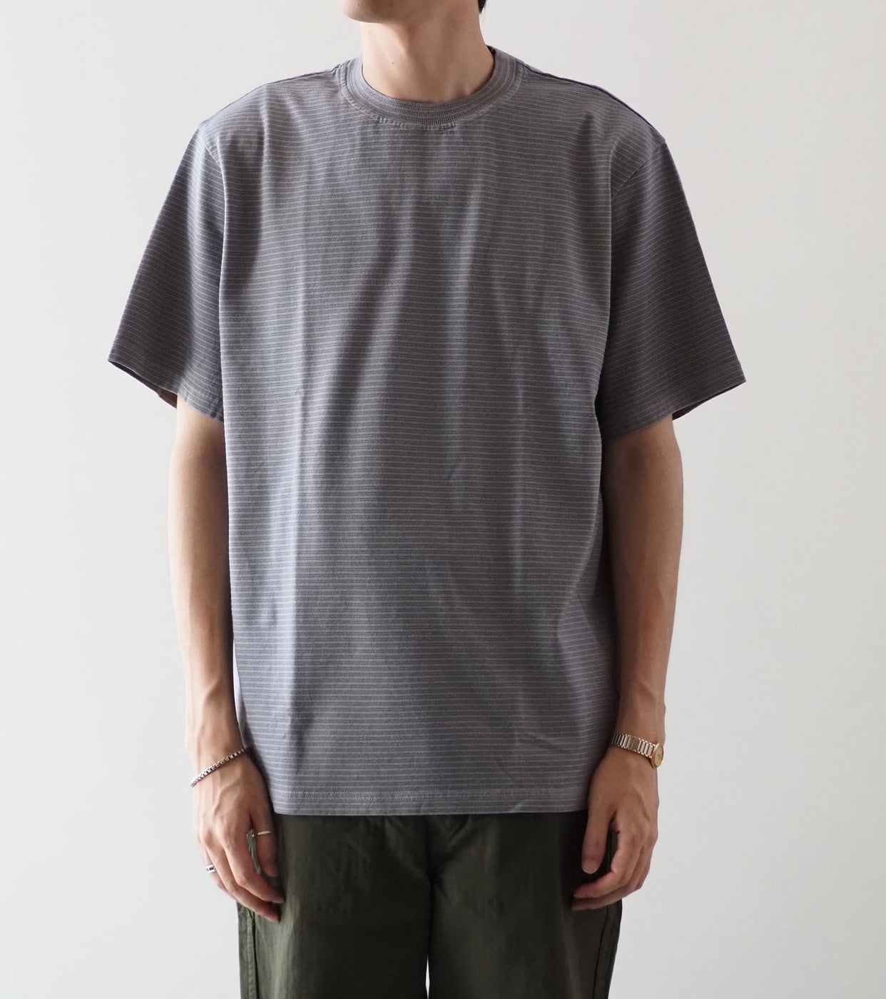 Yonetomi GARMENT DYED  BORDER T-SHIRT ,  L.GRAY × L.GRAY