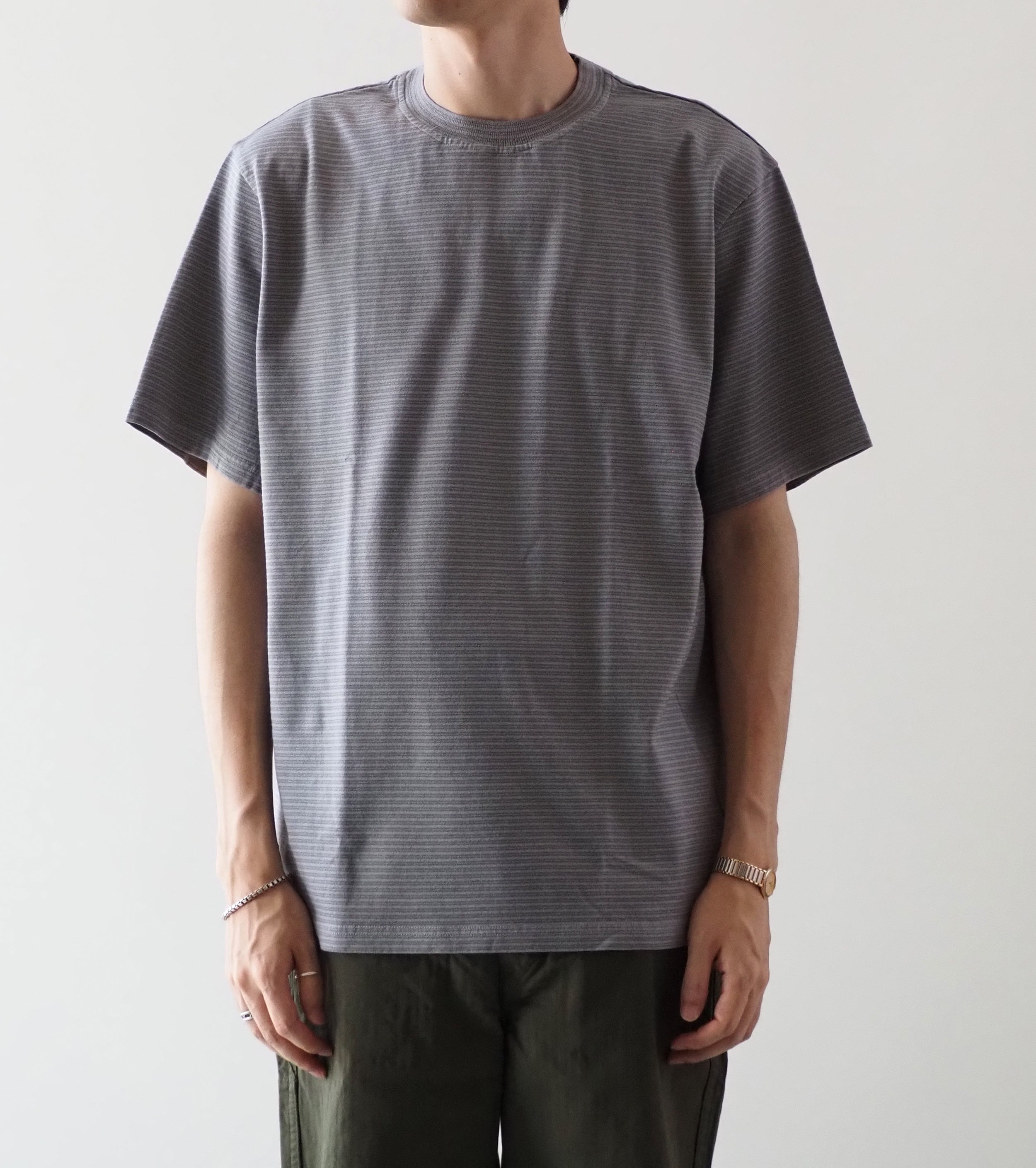 Yonetomi GARMENT DYED  BORDER T-SHIRT ,  L.GRAY × L.GRAY