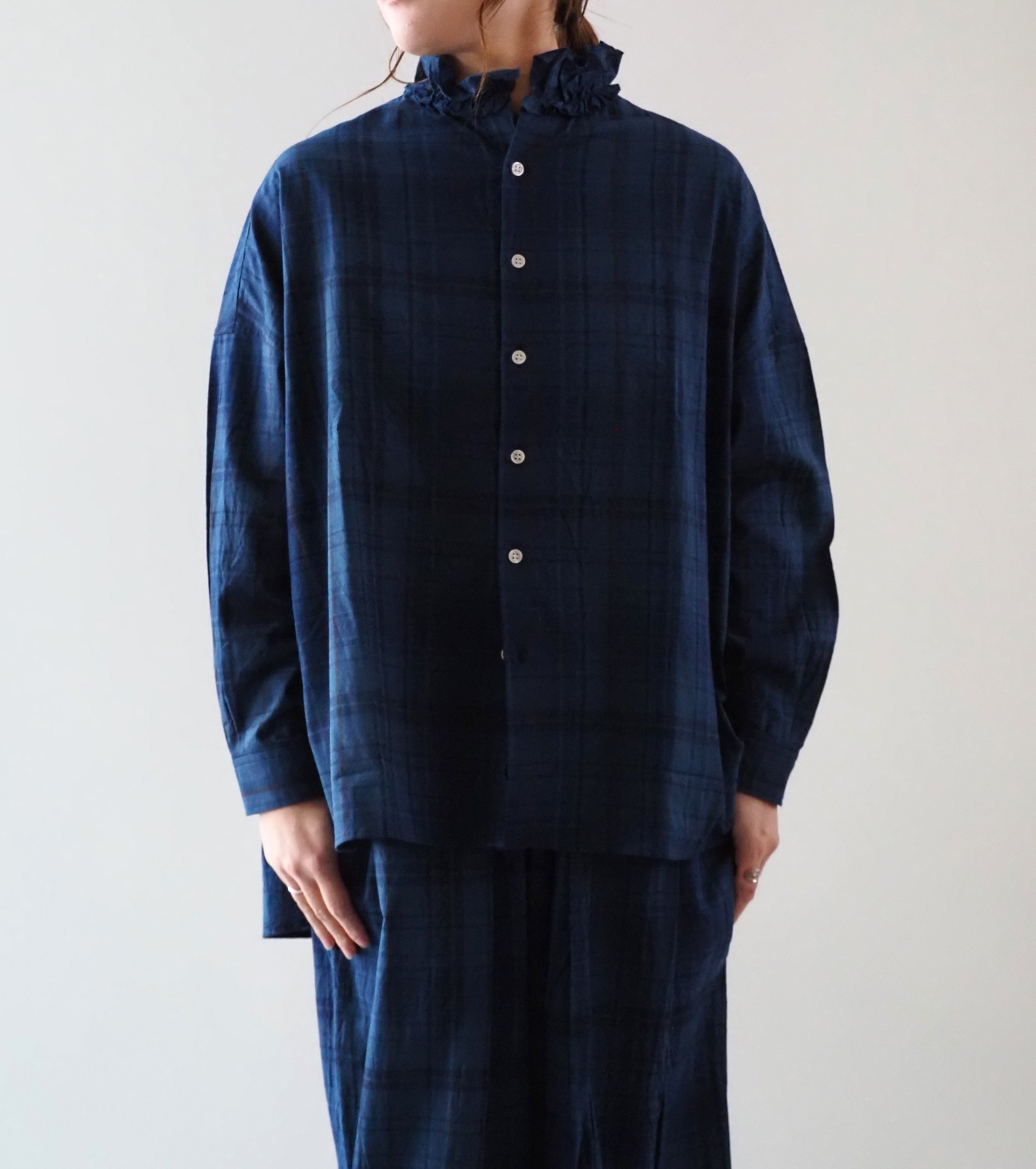 Yarmo ラッフル シャツ インディゴ マドラス , Check