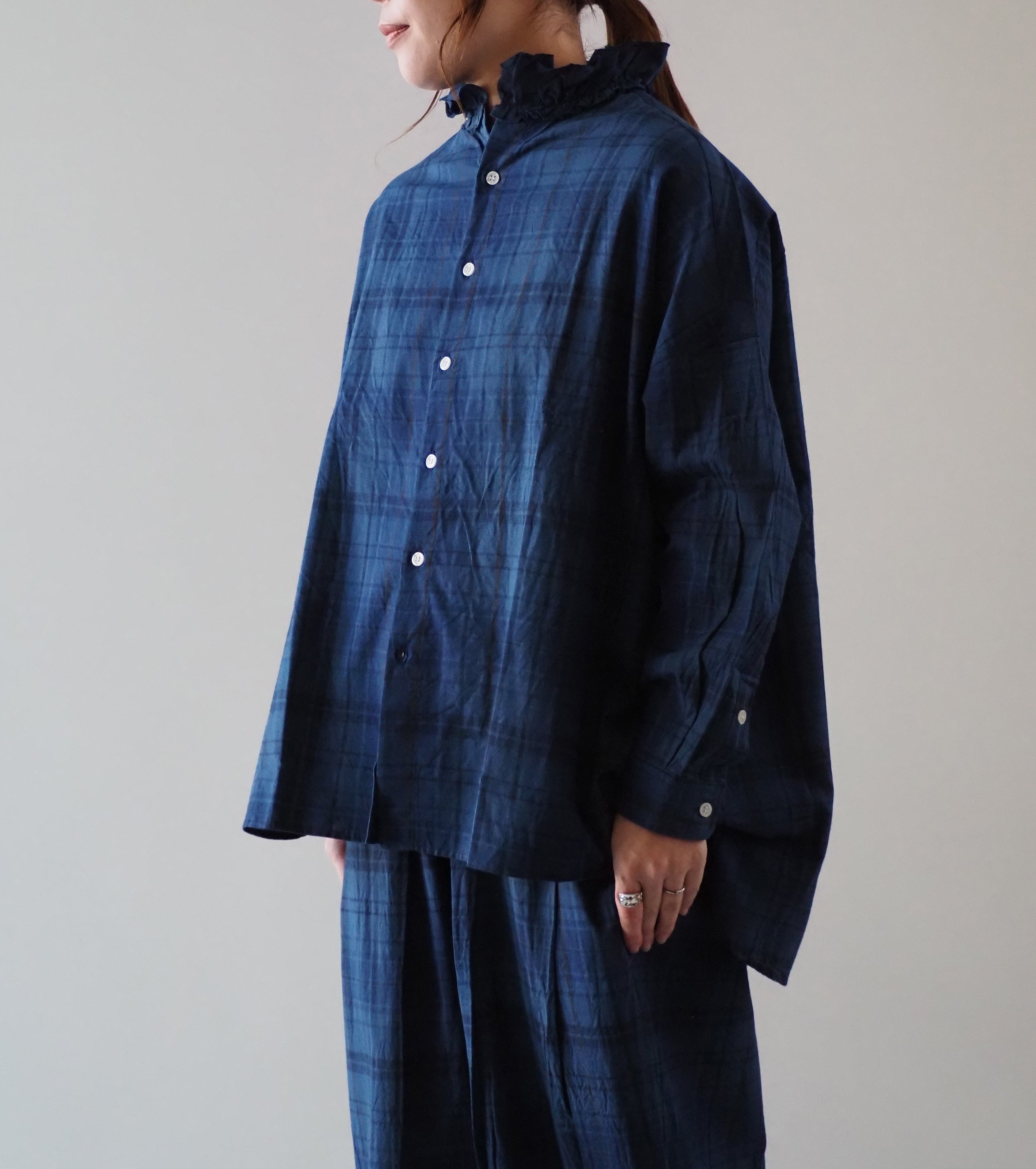 Yarmo ラッフル シャツ インディゴ マドラス , Check