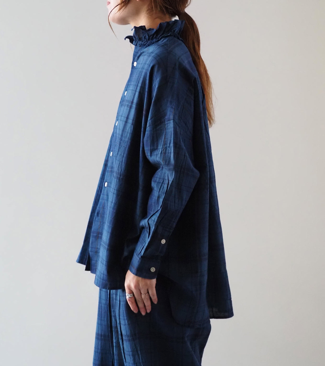 Yarmo ラッフル シャツ インディゴ マドラス , Check
