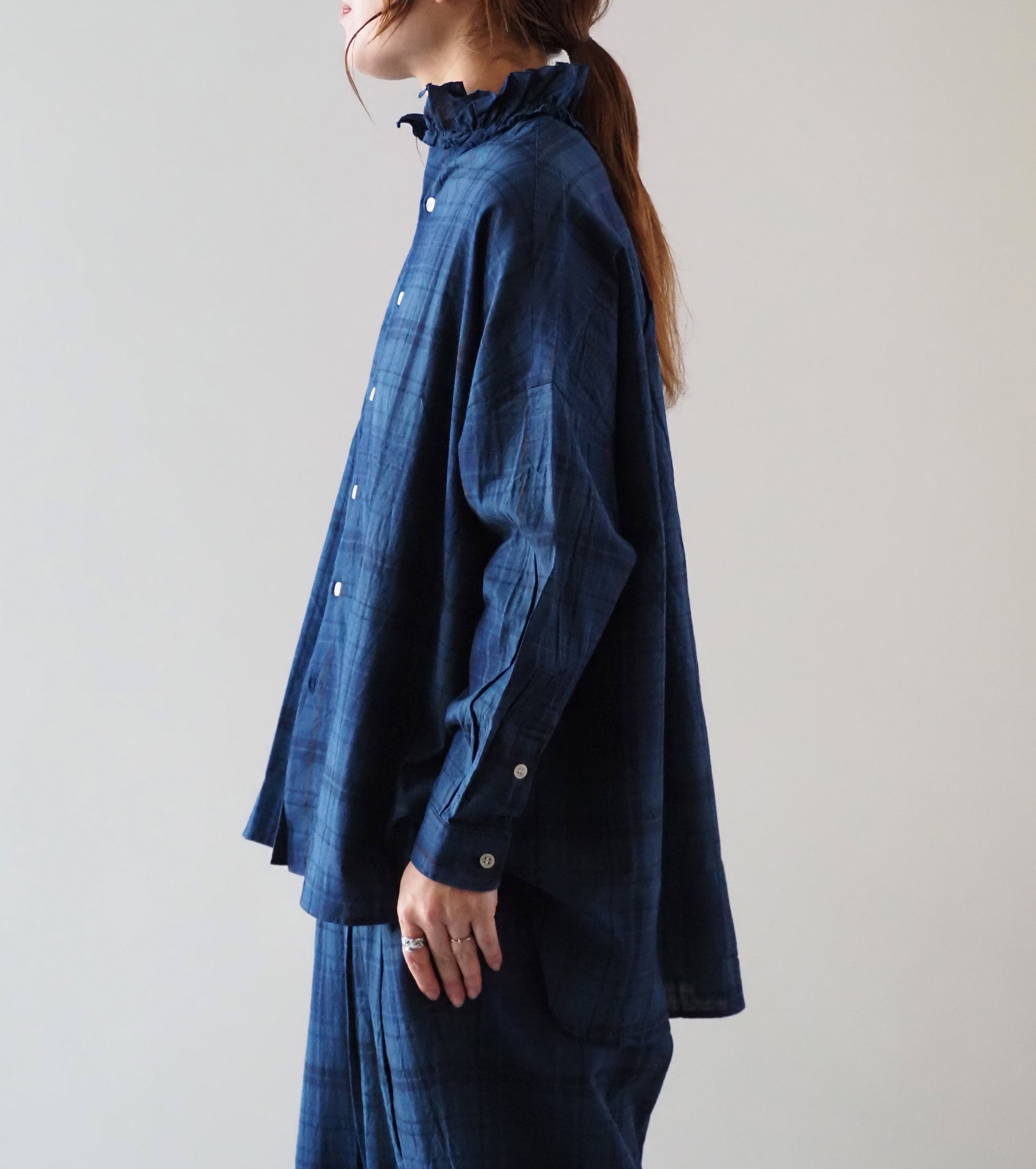 Yarmo ラッフル シャツ インディゴ マドラス , Check