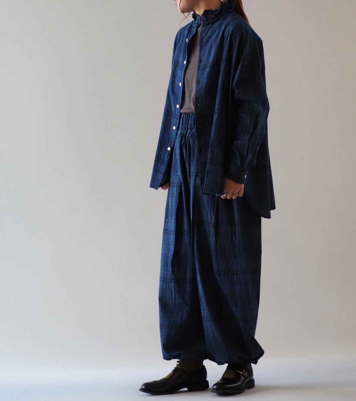 Yarmo ラッフル シャツ インディゴ マドラス , Check