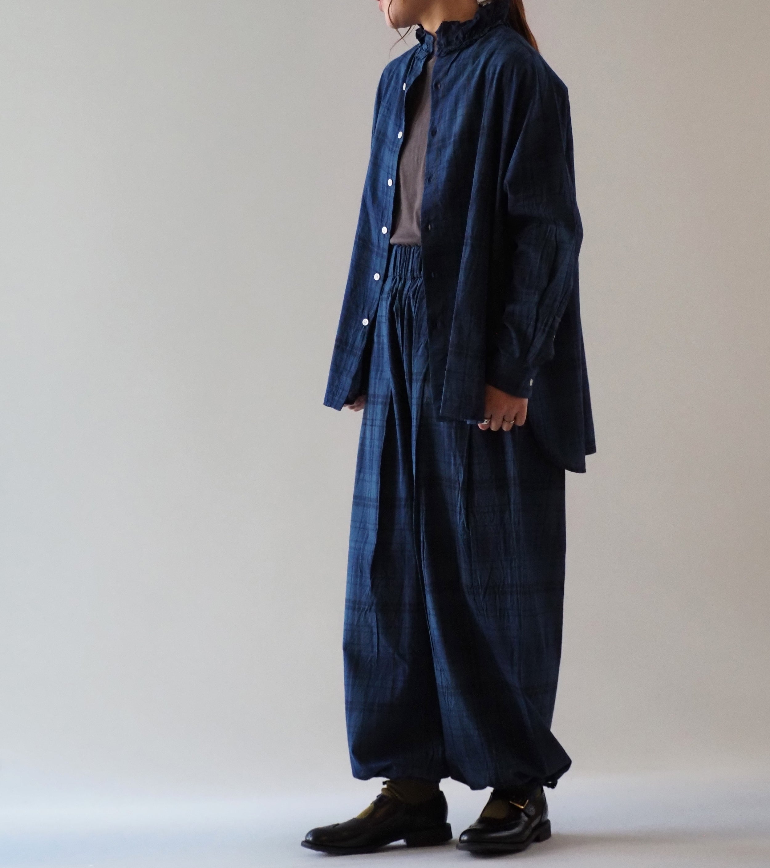 Yarmo ラッフル シャツ インディゴ マドラス , Check