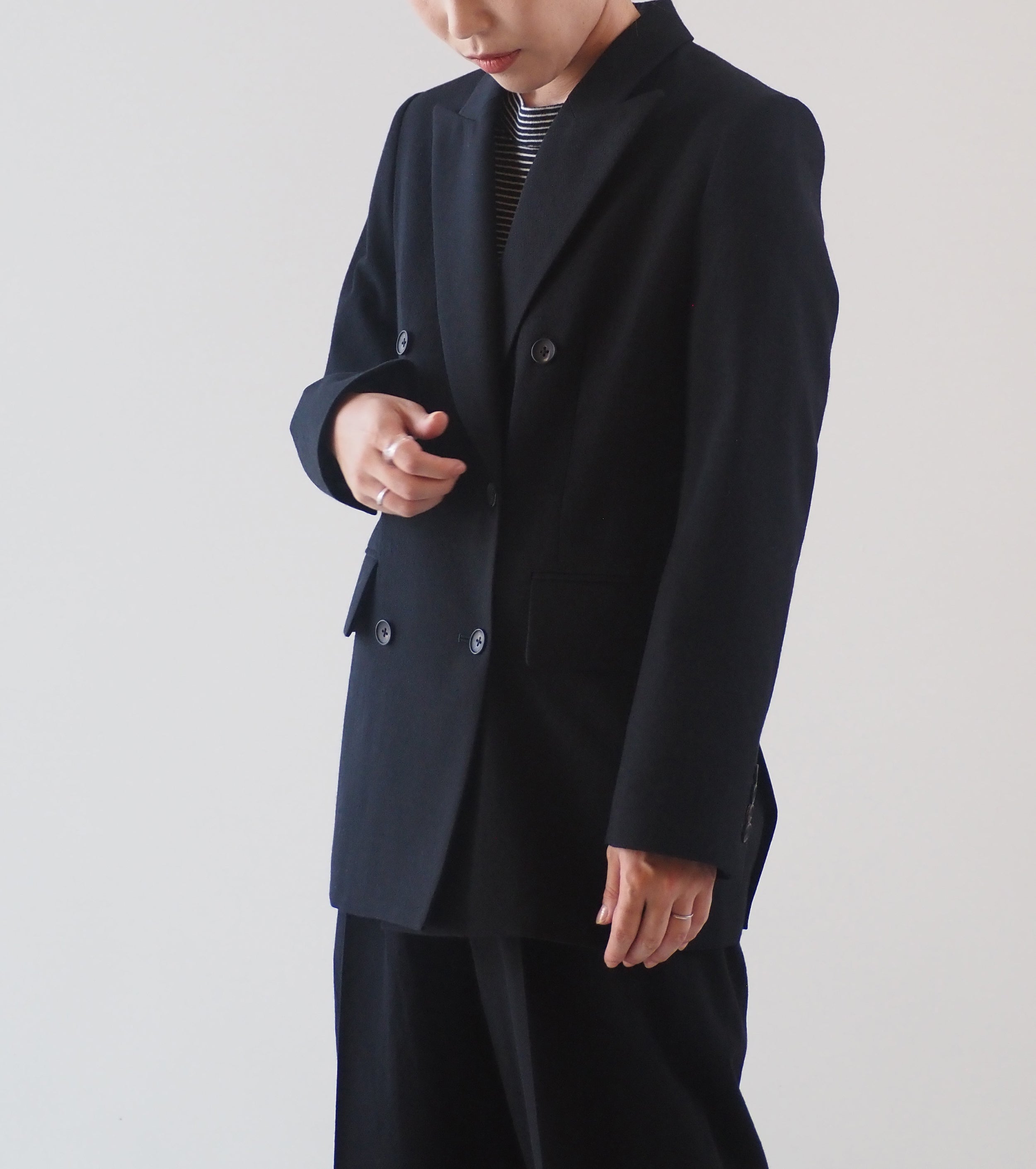 blurhms Rough wool gabardine double-breasted jacket , Black Navy