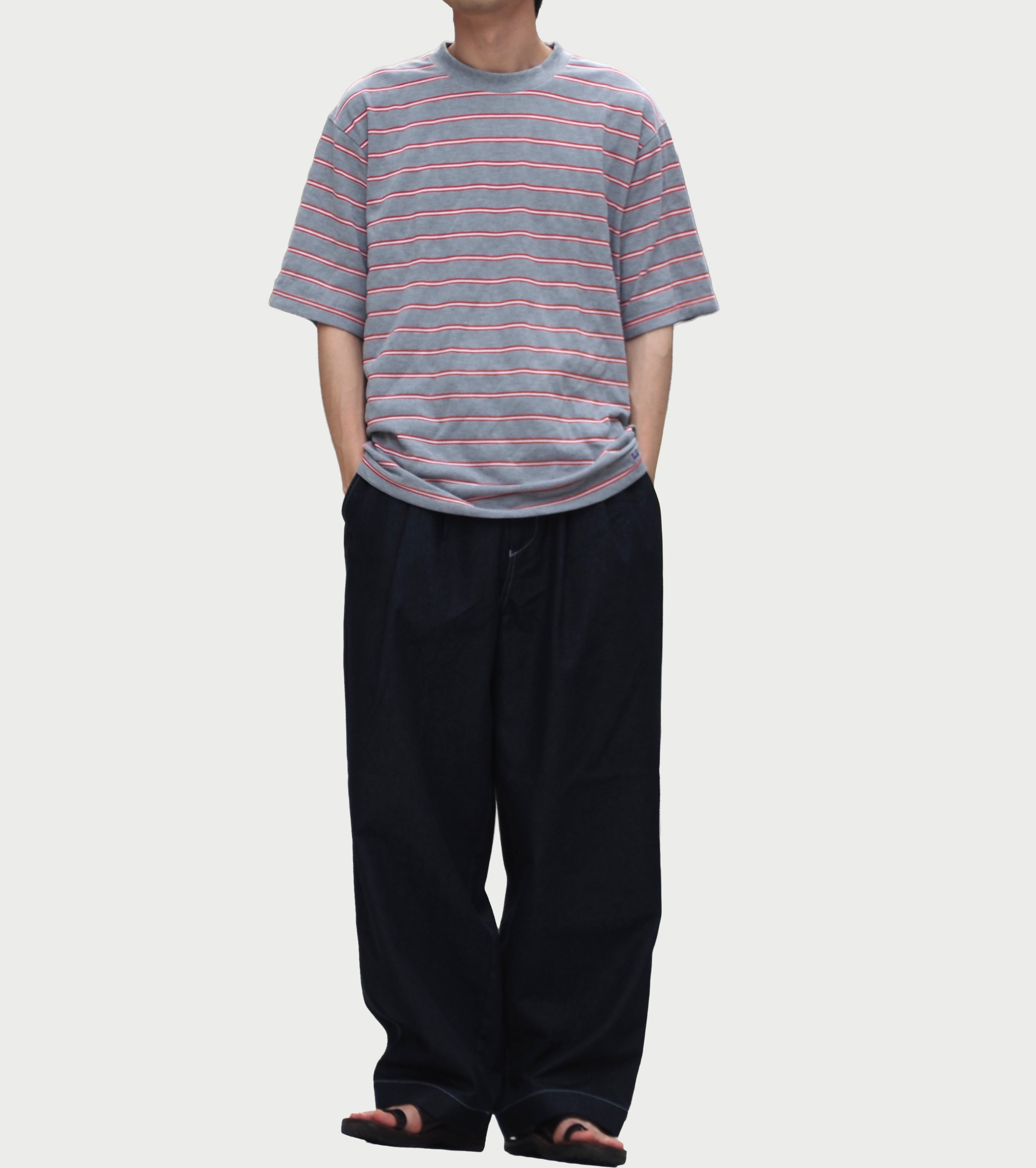 L.L.Bean JAPAN EDITION メンズ クリントン ストライプ ティー , Top Grey × Scarlet × Off