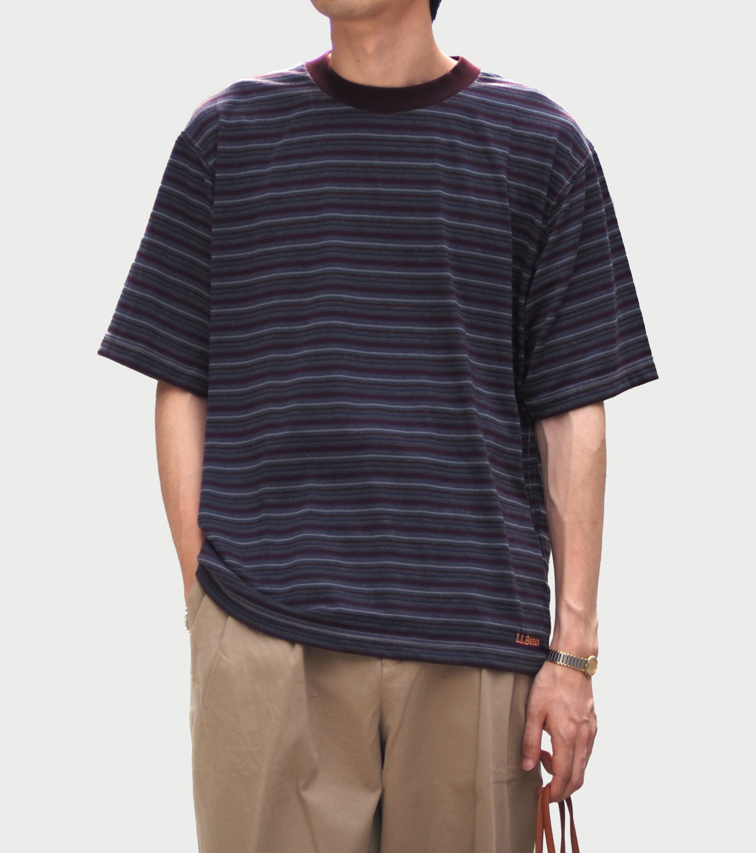 L.L.Bean JAPAN EDITION メンズ クリントン ストライプ ティー , Charcoal × Marron × Violet