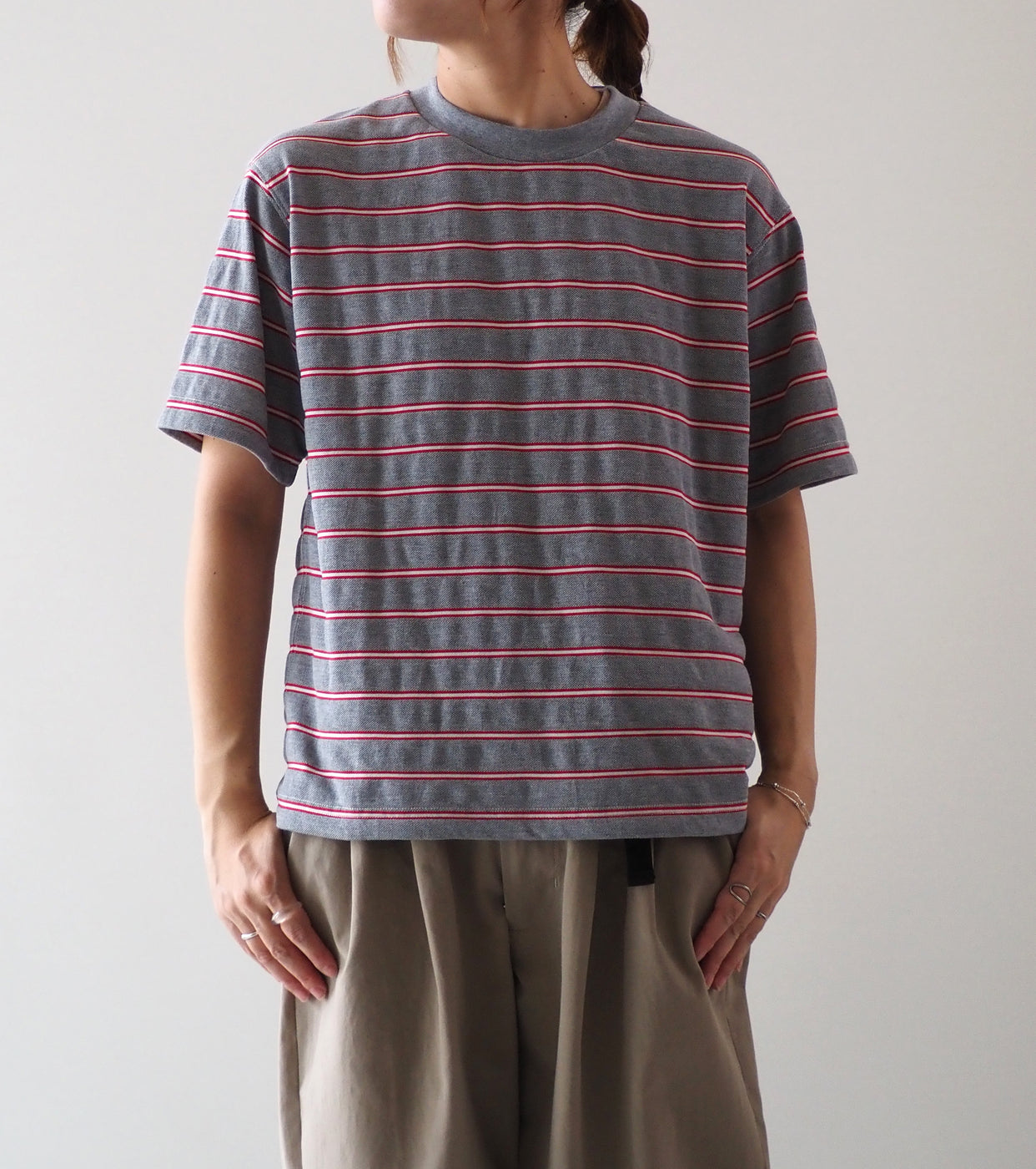 L.L.Bean JAPAN EDITION Women's Clinton Striped Tee , Top Grey × Scarlet × Off