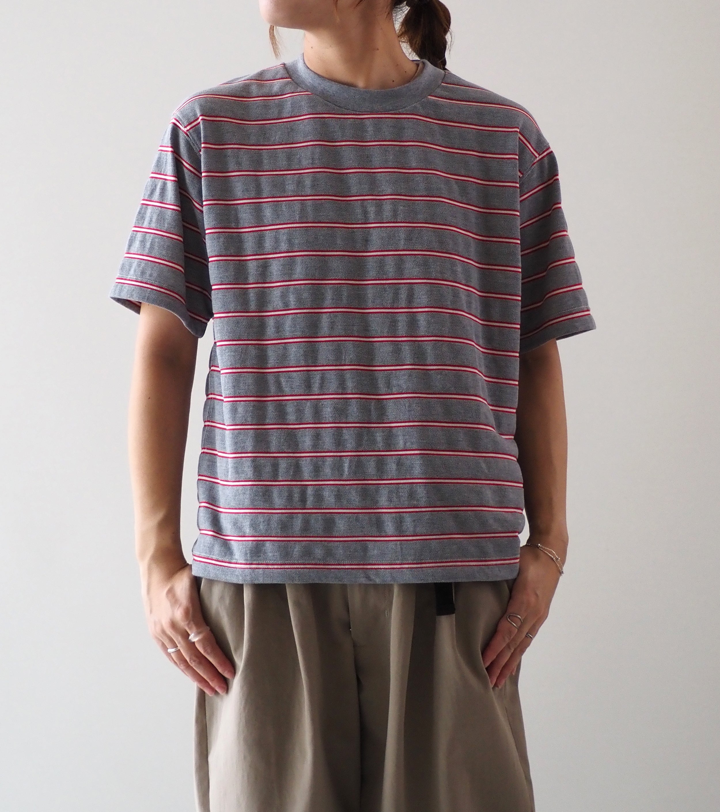 L.L.Bean JAPAN EDITION Women's Clinton Striped Tee , Top Grey × Scarlet × Off