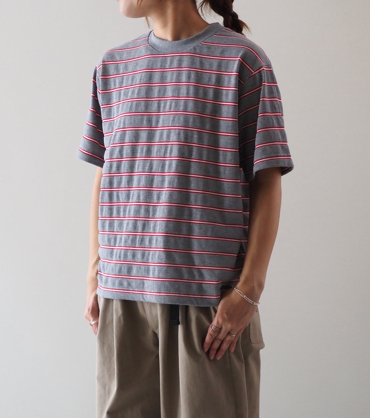 L.L.Bean JAPAN EDITION Women's Clinton Striped Tee , Top Grey × Scarlet × Off
