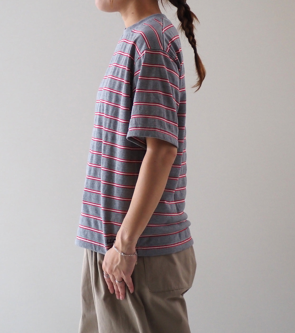 L.L.Bean JAPAN EDITION Women's Clinton Striped Tee , Top Grey × Scarlet × Off